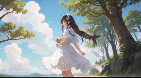 夏天, Cute little girl s, White dress, Into the cloud, The tree,