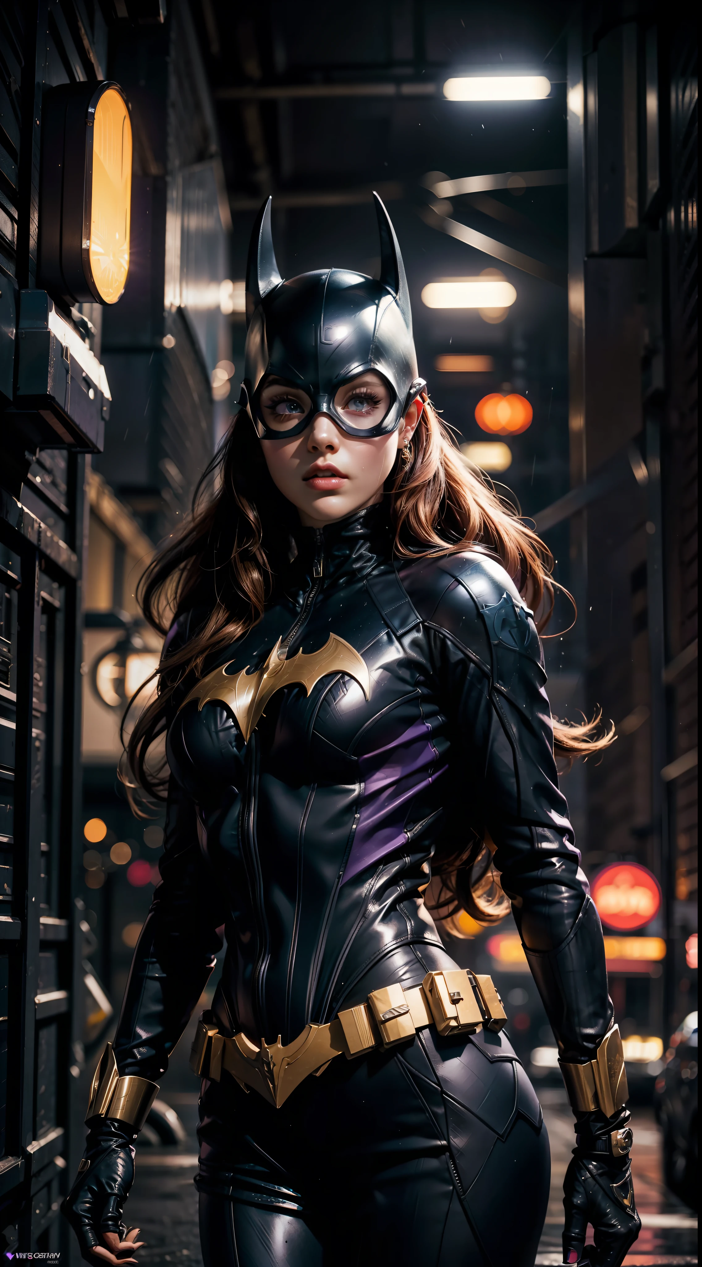 barbara gordon, purple color clothing, beauty, Batgirl clothes, Batgirl cosplay, wind effect, full body photo, prominent figure, standing on the edge of a skyscraper, night, photo (Masterpiece) (Best quality) (Detail) (8K) (HD) (Wallpaper) (Cinematic lighting) (Sharp focus) (Intricate), sexy, rain, wet, rays, best quality, ultra high resolution, photorealistic, full body portrait,  incredibly beautiful, dynamic poses, detailed skin texture, highly detailed skin, detailed face,