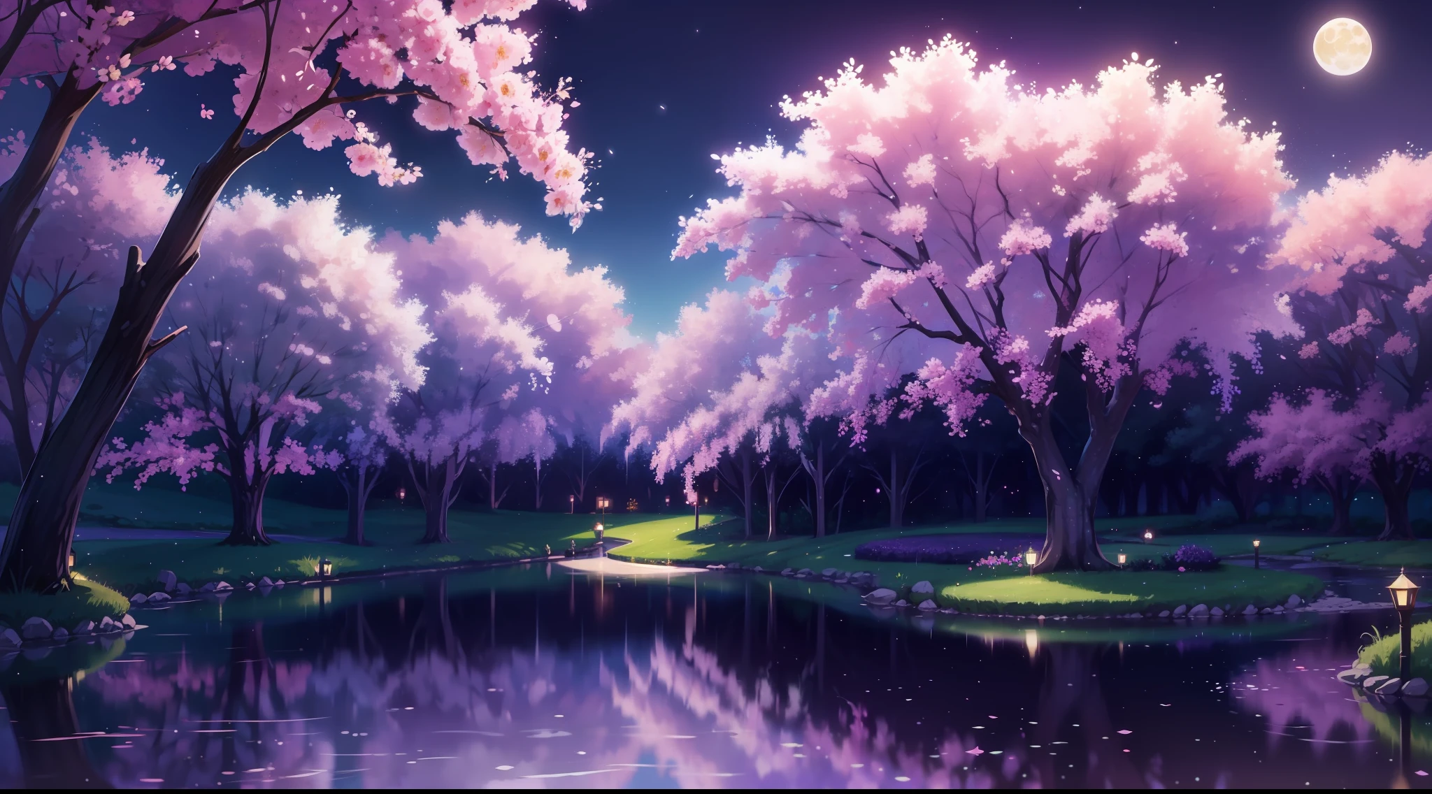 backround, CG, pnon, night, moon, wisteria, cheery blossom, one side is sky and the other is pond, panorama, ray tracing, reflection light, polar opposites, 8K, masterpiece, best quality, high quality, high details, super detail, highres, UHD