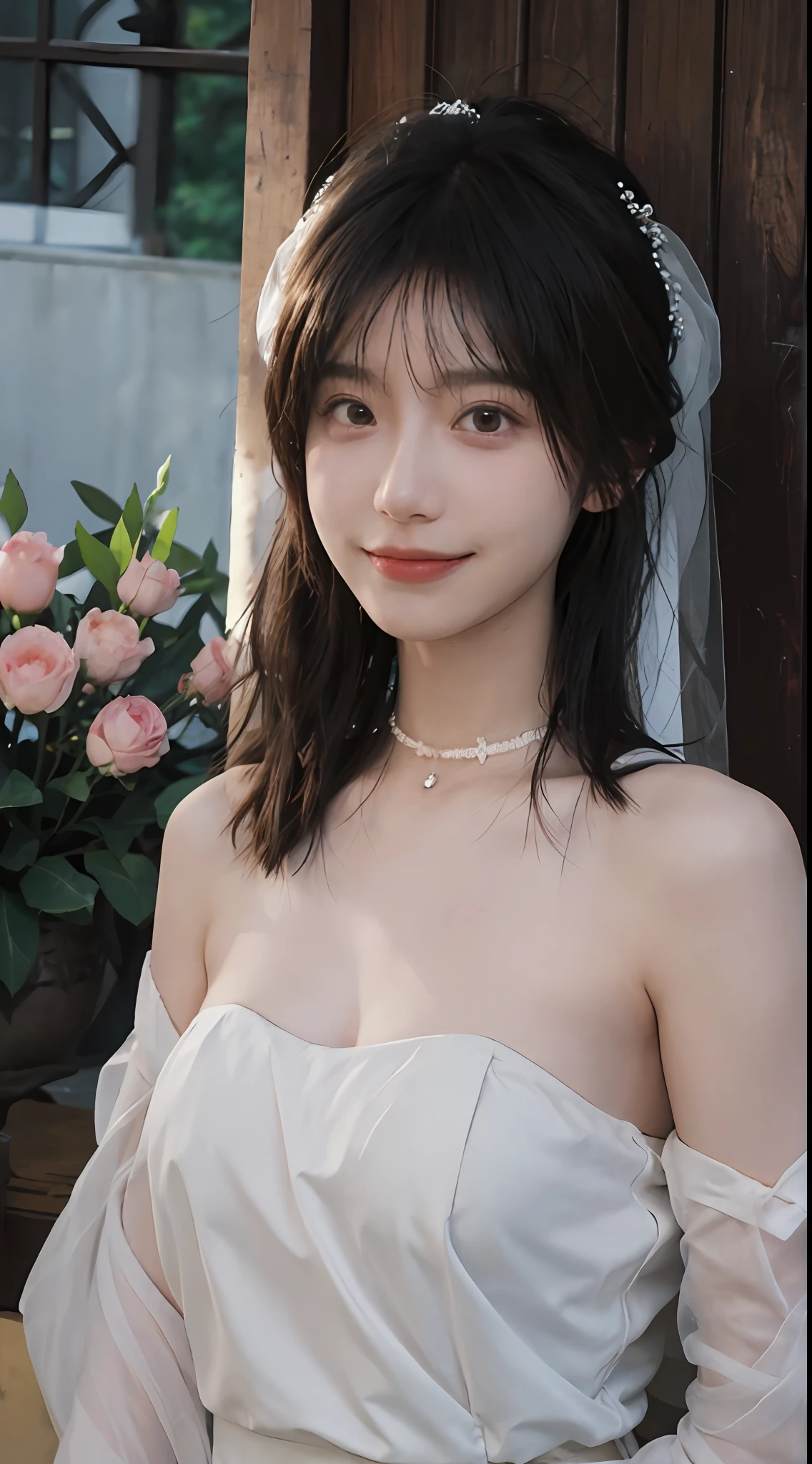 best qualtiy， Ultra-high resolution， （realisticlying：1.4），cute hairpin，Baoyu Girl，Stand in the wedding hall，Wearing a white bandeau wedding dress，（flatchest：1.2） ，A pair of clear and moving peach blossom eyes,Royal Sister，sunshine on face，Big wavy hairstyle，（choker necklace：1.2），（Fair skin：1.4），a sense of atmosphere，a beauty girl， Charming smile，head straight-looking at viewer， closeup cleavage ，(Photorealistic:1.4),1girll,sexly,(Upper body:1.4),(Wet body),(:1.2)