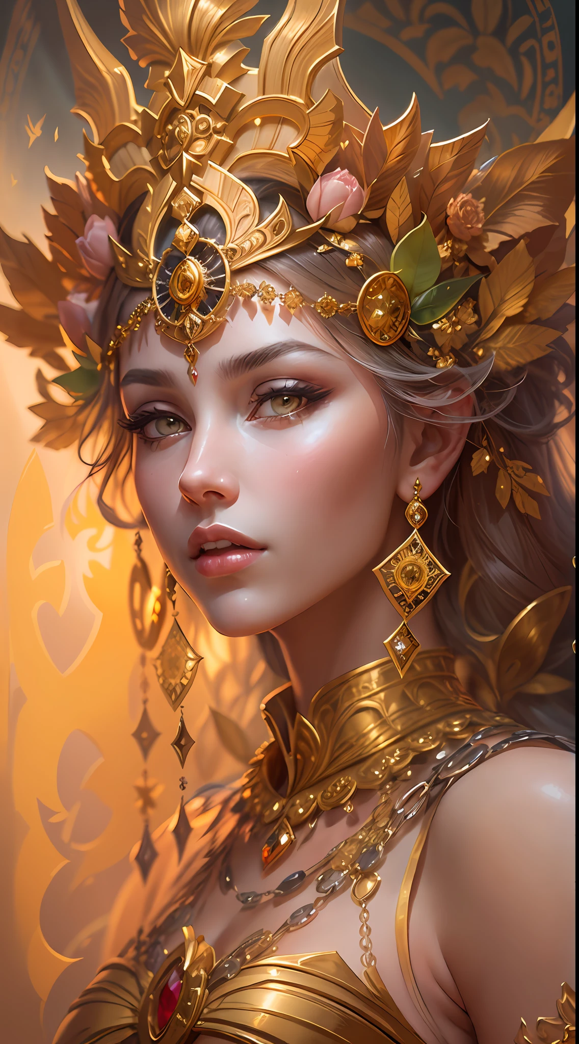 a painting of a woman with a gold headpiece and a gold choke, portrait of a beautiful goddess, goddess close-up portrait, a stunning portrait of a goddess, goddess portrait, detailed matte fantasy portrait, beautiful fantasy art portrait, a beautiful fantasy empress, fantasy art portrait, goddess. extremely high detail, beautiful fantasy portrait, beautiful goddess, ((a beautiful fantasy empress))