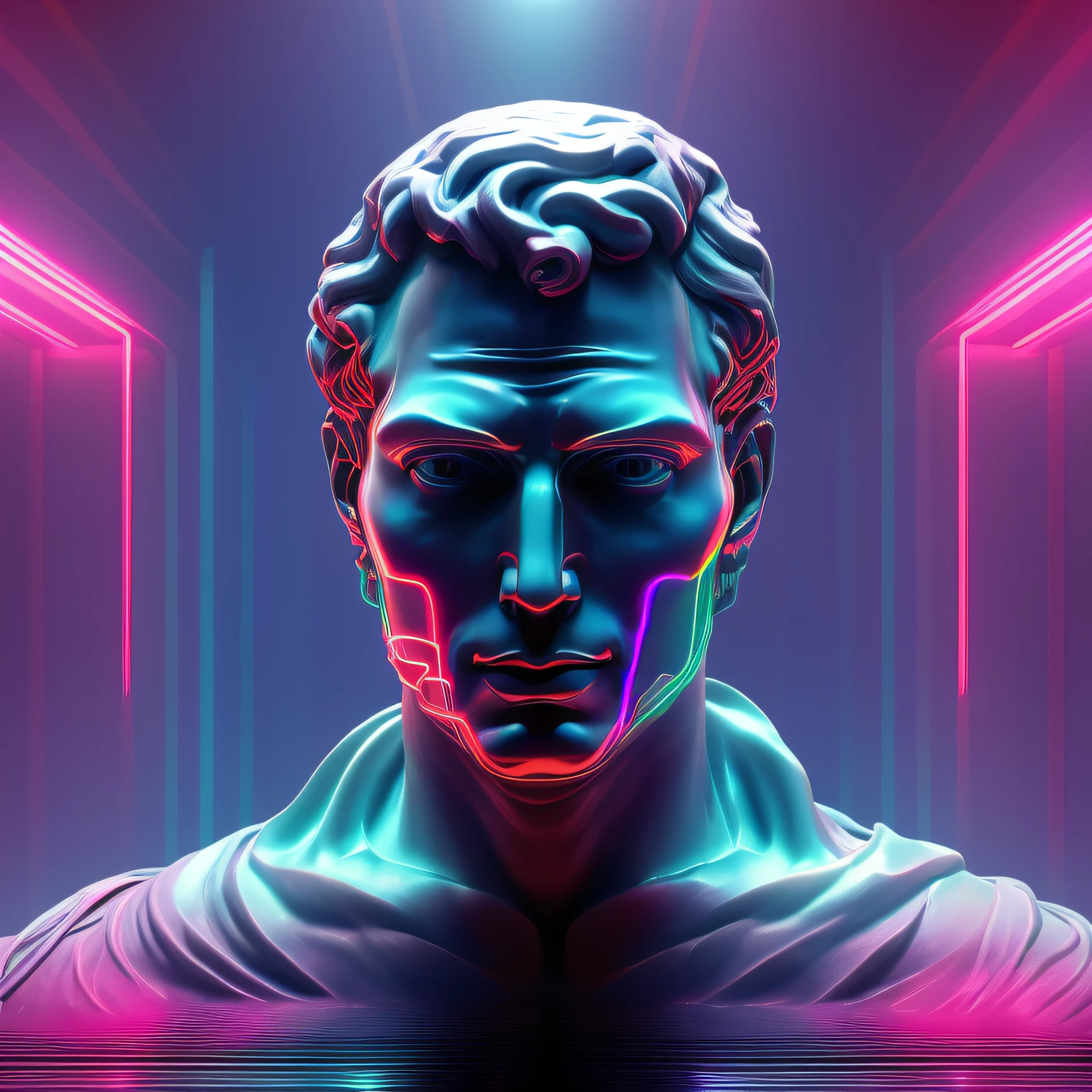 a close up of a statue with lines coming out of it, by Mike Winkelmann, holography, vaporwave!, octane render, greek god, blind, neon roman, stoic attitude