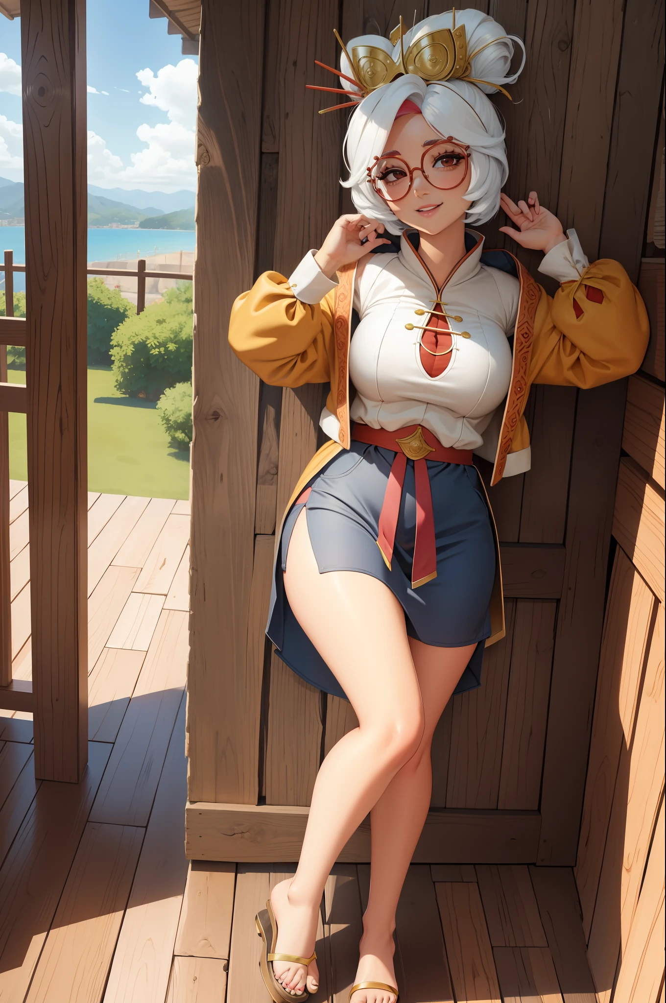 masterpiece, The best quality, cheap, red headband, hair ornament, hair sticks, red glasses, White jacket, white sleeveless shirt, black skirt, orange pantyhose, From hands to hips, Upper part of the body, Wooden door, House, smug smirk