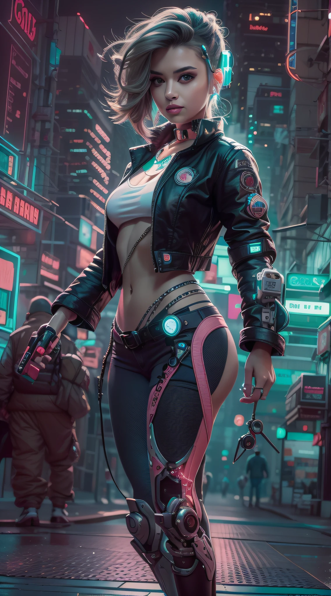 [imagem realista super detalhada], [obra-prima], Uma garota cyberpunk com cabelo rosa curto e espetado, bright green eyes and a circuit tattoo on the neck. Ela usa um casaco de couro preto com detalhes em neon, uma blusa branca rasgada, a pair of grey jeans and black boots. She has a bionic arm with metal claws and a neural interface implant in her right temple. She holds a laser pistol in her left hand and a holographic device in her right hand. She's on a busy street in a futuristic city, surrounded by tall buildings, telas gigantes, carros voadores e pessoas de diferentes estilos e etnias. She has a confident and defiant expression, como se estivesse pronta para enfrentar qualquer perigo.