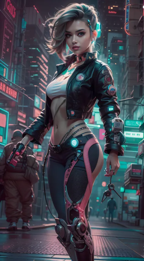 [imagem realista super detalhada], [obra-prima], Uma garota cyberpunk com cabelo rosa curto e espetado, bright green eyes and a ...