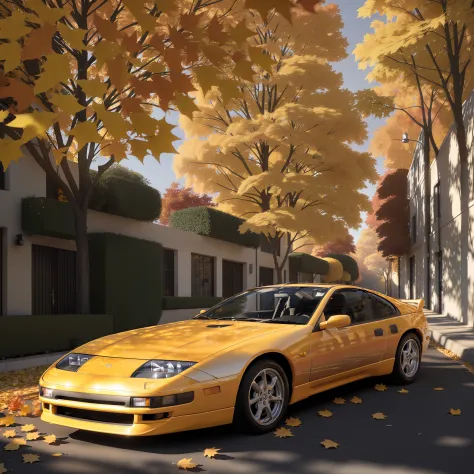 300zx, yellow, sports car parked on a street covered with leaves in autumn in a (city:1.3), fall, global illumination, volumetri...