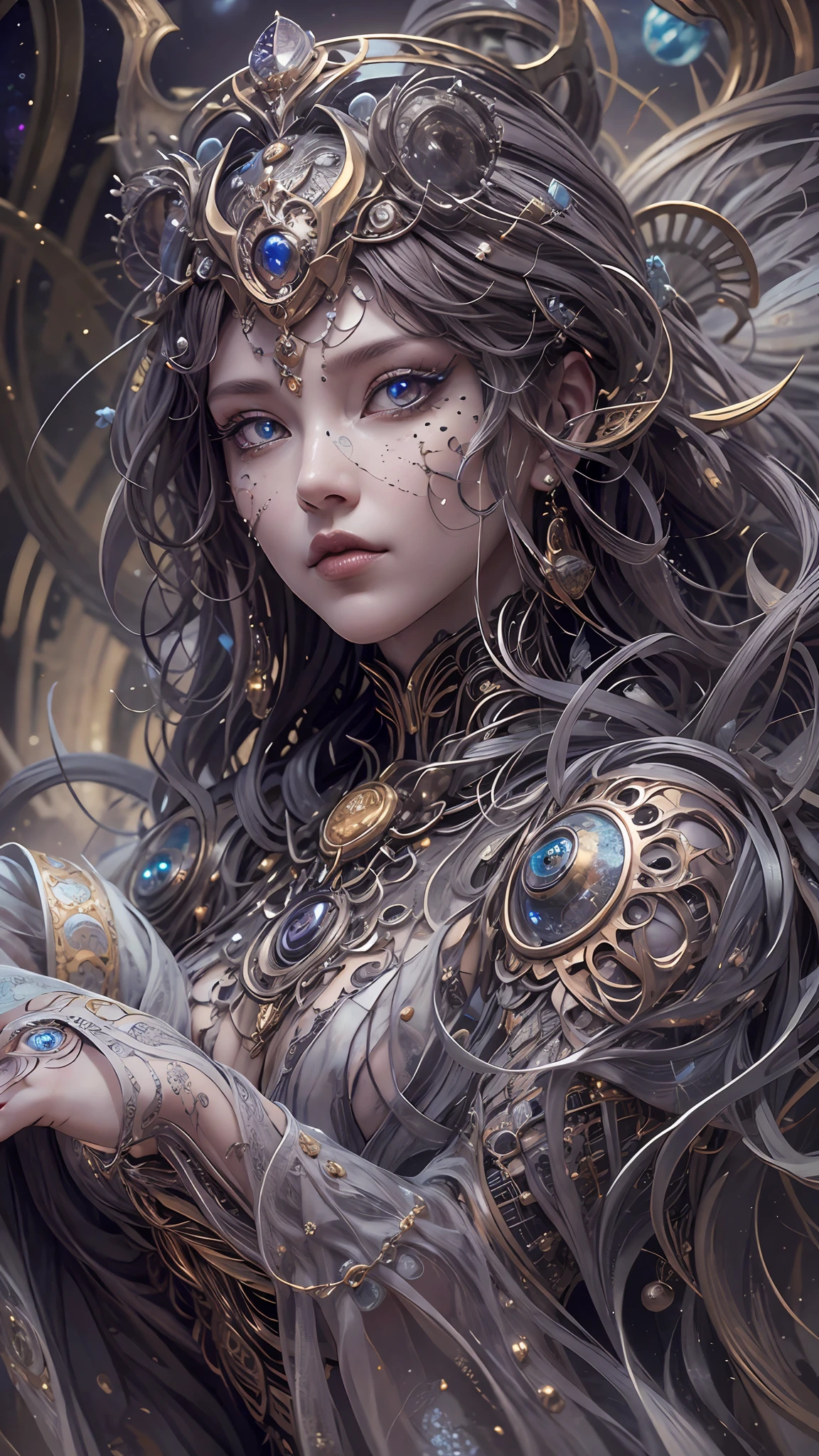 （best qualtiy，ultra - detailed，Most Best Illustration，Best shadow，tmasterpiece，A high resolution，professionalartwork，famousartwork），Detailed eyes，beautidful eyes，closeup cleavage，sci-fy，colored sclera，Robot eyes，face markings，Tattooed with，（fractalized，Fractal eyes），largeeyes，Wide eyes，（Eye focus），sface focus，Cosmic eyes，Space eyes，Close-up of metal sculpture of a woman with a moon in her hair，goddes。extremly high detail，3 d goddess portrait，Extremely detailed footage of the goddess，a stunning portrait of a goddess，Side image of the goddess，portrait of a beautiful goddess，Full body close-up portrait of the goddess，hecate goddess，portrait of a norse moon goddess，goddess of space and time