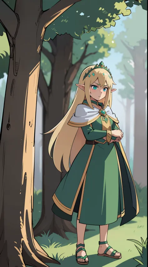 hiquality, tmasterpiece (One Elven Princess), blonde woman, Long hair is smooth, a small crown on the head, Cyan eyes, Sullen face. Green hunting cloak, Sandals. combat pose. in front of a forest background