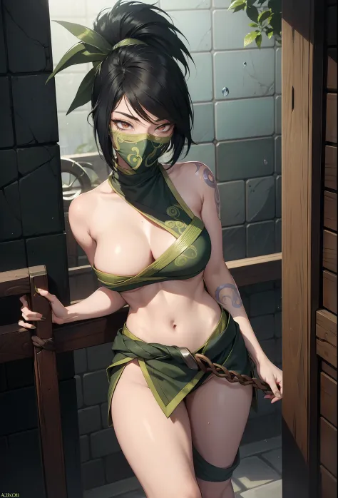 ((best quality)), (Highest image quality) (Detailed eye description) ((masterpiece)) (((akali)), 1girl, (((league of legends))), ((detailed: face)), (((ultra detailed: eyes))), fullbody, shower, bathing, naked, mask, solo, low camera angle, muscular, shred...