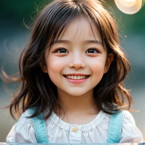 Close-up of faces，1 Cute little girl，happy laugh，Delicate face，Smooth skin，Elaborate Eyes， ( bokeh, Out of Focus, Soft Lighting, movie lighting, God Ray, UHD)