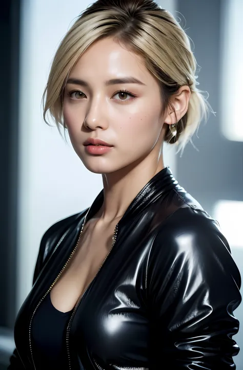 (photorealistic:1.8), close up portrait of a woman, Ash blonde hair, A-line haircut, Bomber Jacket, extremely detailed clothes, ...