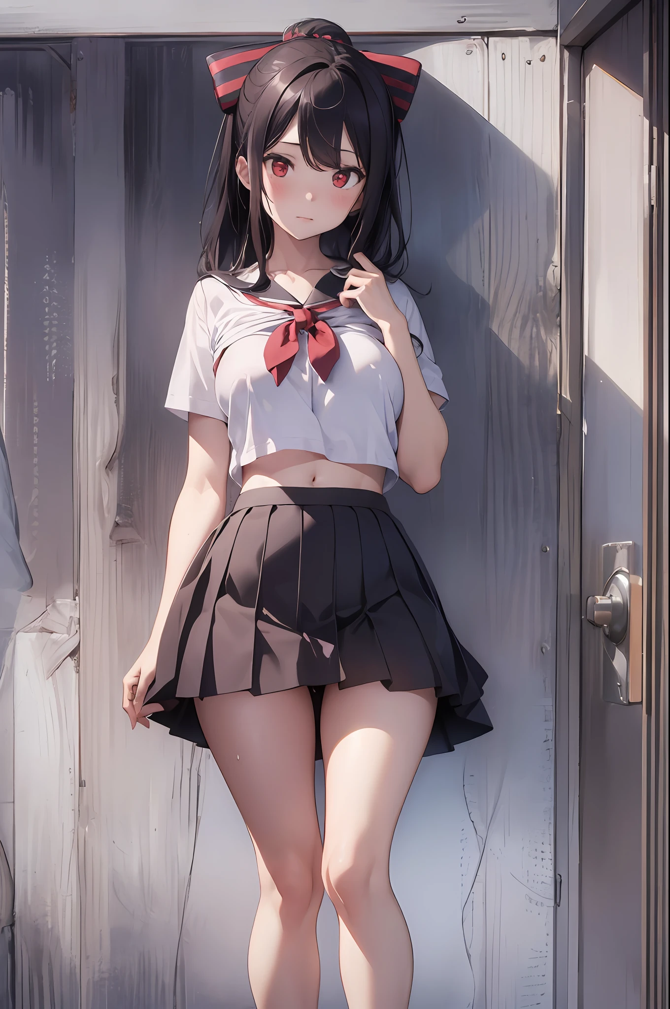 Full body illustration of a girl, Best Illustration, ((Best Quality)), ((Masterpiece)), (Details: 1.4),Anatomical, Award-winning concept art, Beautiful, Fine details, One girl, Full body, Solo, Undergarment, Panties, Skirt, White panties, Wet, Shirt, Wet clothes, Skirt lift, Blush, Classroom, Navel, clothes lift, bow, simple background, lift yourself, white shirt, uniform, look away, short sleeves, clear nipple irregularities