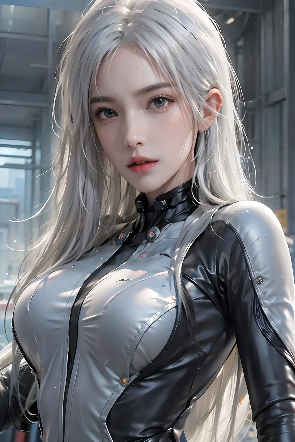 photorealistic, high resolution, 1women, solo, hips up, look at viewer, (detailed face), white hair, long hair, gantz, reika\(bodysuit\)