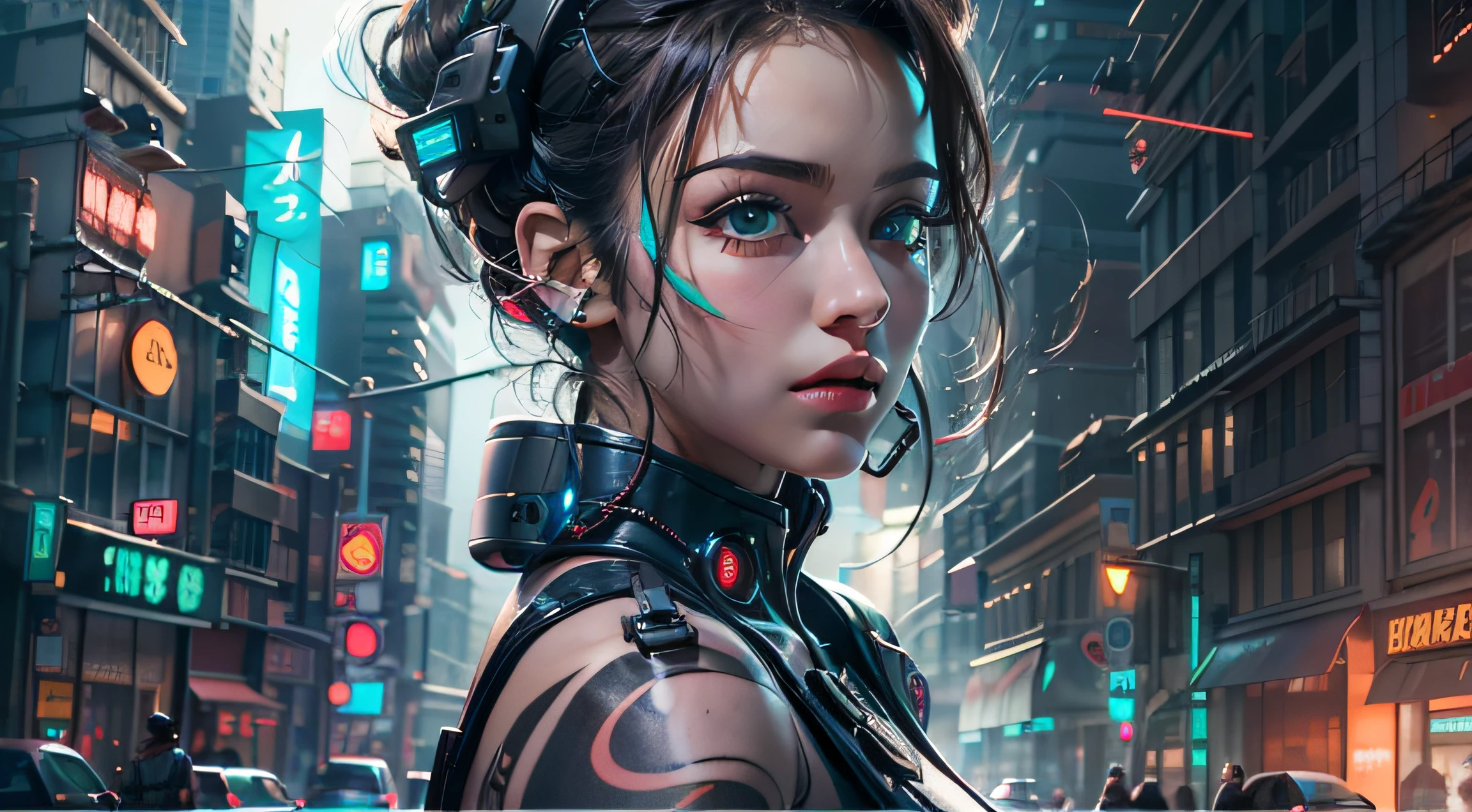 [imagen realista súper detallada], [obra-prima], Una chica cyberpunk con cabello rosa corto y puntiagudo., Ojos verdes brillantes y un tatuaje de circuito en el cuello.. Lleva un abrigo de cuero negro con detalles de neón., una blusa blanca rota, un par de jeans grises y botas negras. Tiene un brazo biónico con garras de metal y un implante de interfaz neuronal en la sien derecha.. Tiene una pistola láser en la mano izquierda y un dispositivo holográfico en la derecha.. Ella está en una calle muy transitada en una ciudad futurista., Rodeado de edificios altos, Telas gigantes, Coches voladores y personas de diferentes estilos y etnias.. Tiene una expresión confiada y desafiante., como si estuviera listo para enfrentar cualquier peligro.