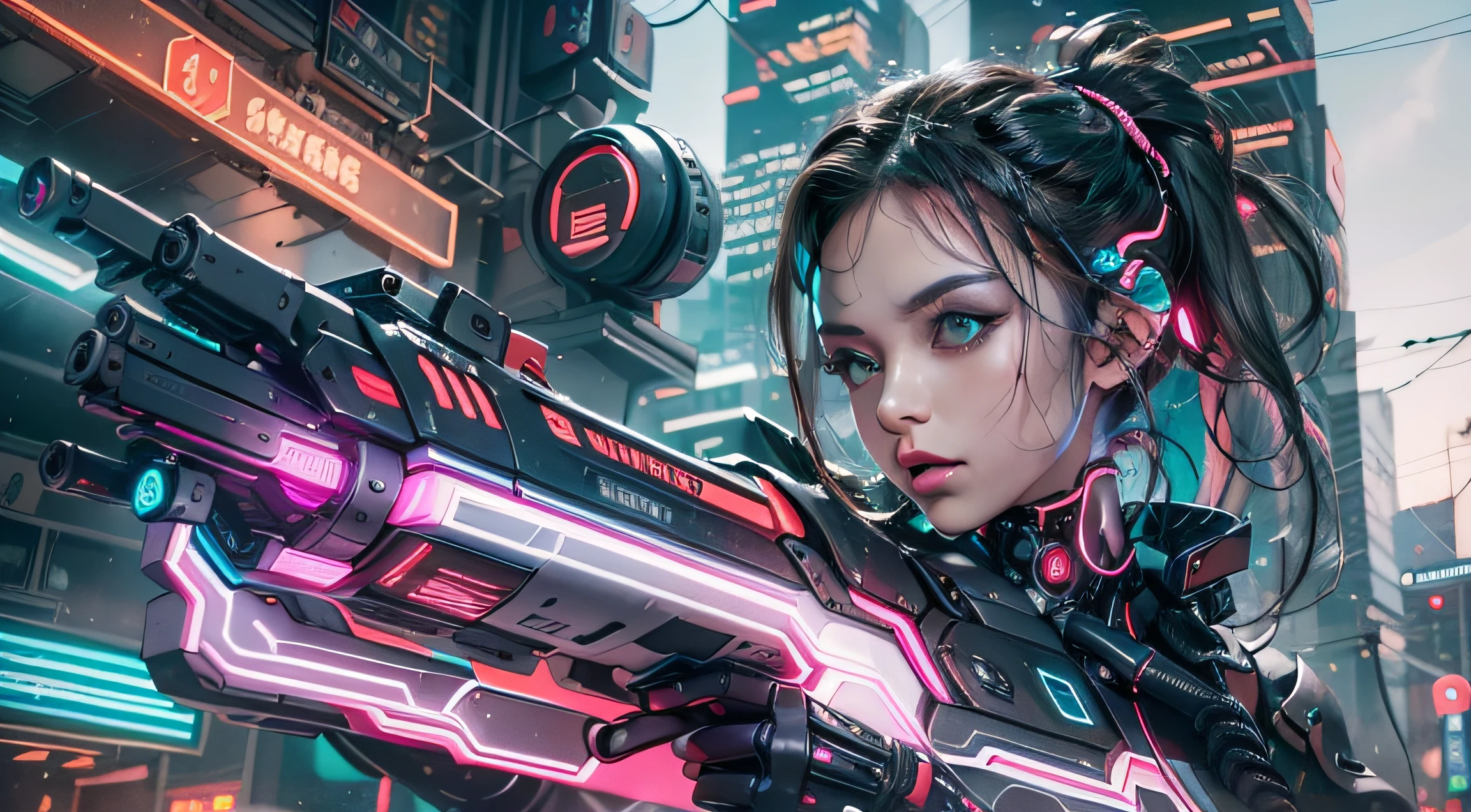 [image réaliste super détaillée], [premier travail], Une fille cyberpunk aux cheveux roses courts et hérissés, des yeux vert vif et un tatouage de circuit sur le cou. Elle porte un manteau en cuir noir avec des détails fluo., un chemisier blanc déchiré, une paire de jeans gris et des bottes noires. Elle a un bras bionique avec des griffes métalliques et un implant d&#39;interface neuronale dans la tempe droite.. Elle tient un pistolet laser dans sa main gauche et un appareil holographique dans sa main droite.. Elle est dans une rue animée d&#39;une ville futuriste, entouré de grands immeubles, Tissus géants, des voitures volantes et des personnes de différents styles et ethnies. Elle a une expression confiante et provocante, comme s&#39;il était prêt à affronter n&#39;importe quel danger.