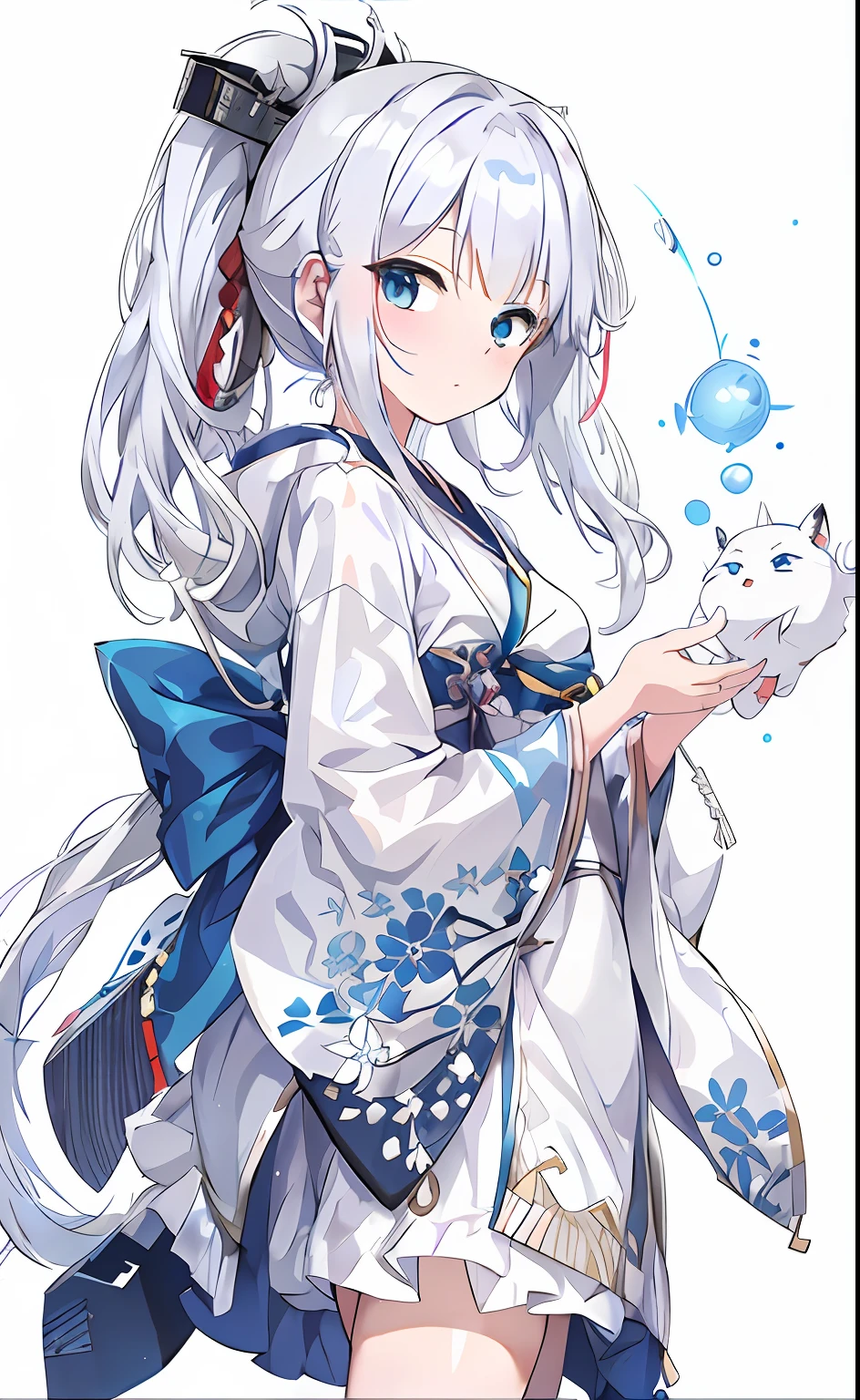 Anime girl with white hair and blue dress holding a white cat, anime visual of a cute girl, white-haired god, shikishi, cute anime waifu in a nice dress, From Arknights, 《azur lane》role, onmyoji portrait, A scene from the《azur lane》videogame, anime illustration, anime moe art style, up of young anime girl, azur lane style