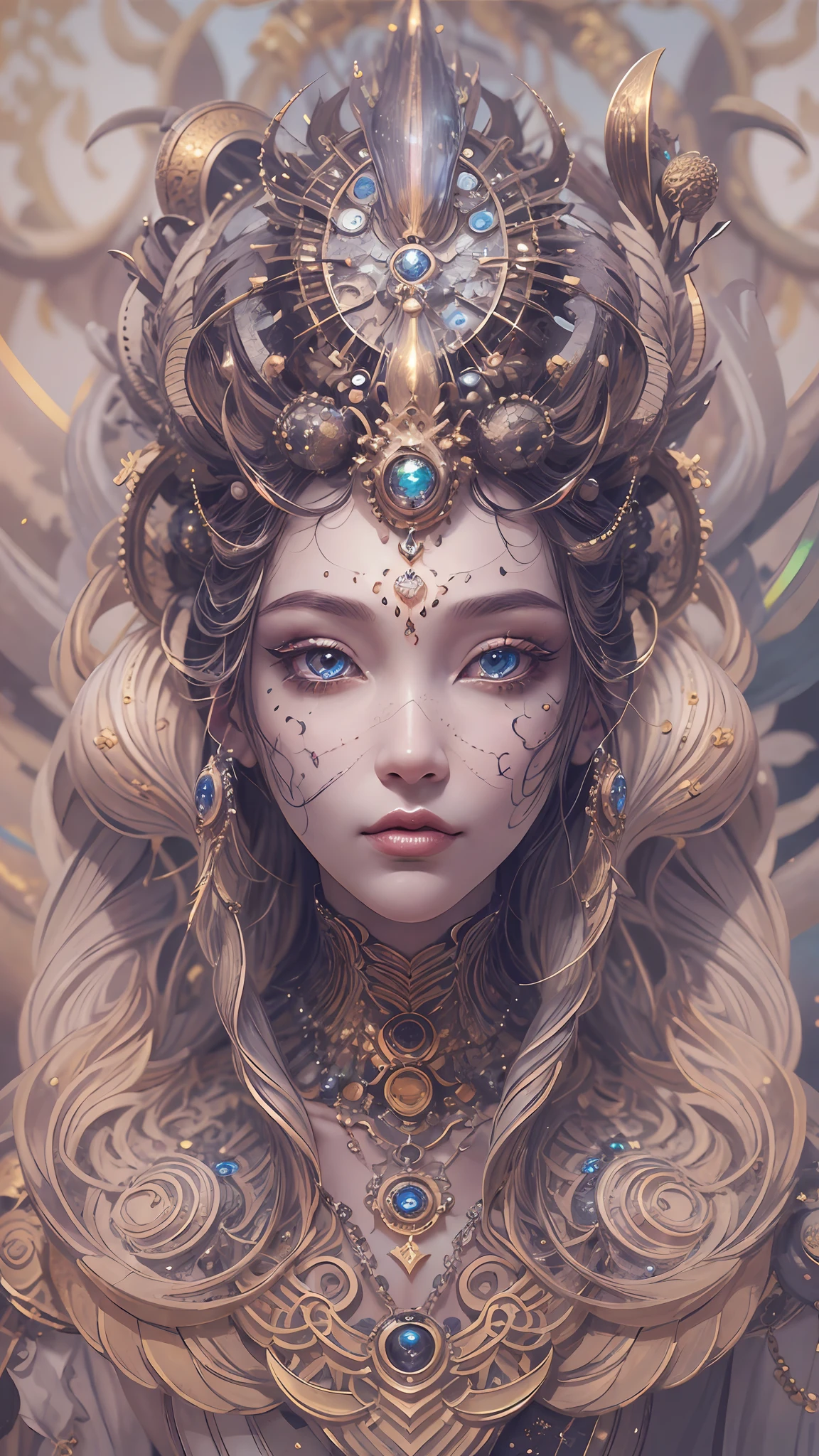 （best qualtiy，ultra - detailed，Most Best Illustration，Best shadow，tmasterpiece，A high resolution，professionalartwork，famousartwork），Detailed eyes，beautidful eyes，closeup cleavage，sci-fy，colored sclera，Robot eyes，face markings，Tattooed with，（fractalized，Fractal eyes），largeeyes，Wide eyes，（Eye focus），sface focus，Cosmic eyes，Space eyes，Close-up of metal sculpture of a woman with a moon in her hair，goddes。extremly high detail，3 d goddess portrait，Extremely detailed footage of the goddess，a stunning portrait of a goddess，Side image of the goddess，portrait of a beautiful goddess，Full body close-up portrait of the goddess，hecate goddess，portrait of a norse moon goddess，goddess of space and time