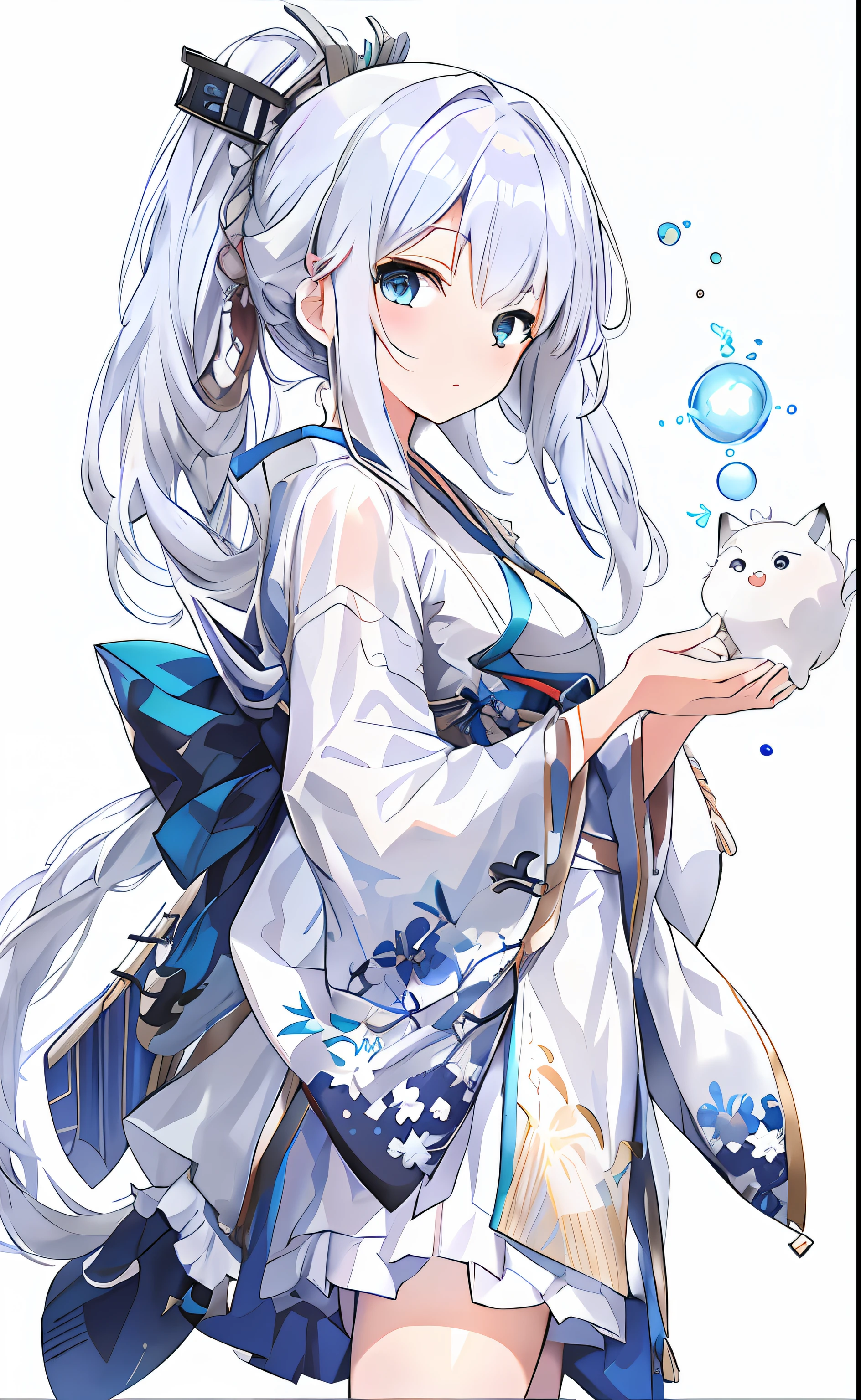 Anime girl with white hair and blue dress holding a white cat, anime visual of a cute girl, white-haired god, shikishi, cute anime waifu in a nice dress, From Arknights, 《azur lane》role, onmyoji portrait, A scene from the《azur lane》videogame, anime illustration, anime moe art style, up of young anime girl, azur lane style