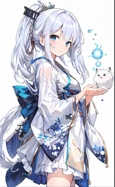 Anime girl with white hair and blue dress holding a white cat, anime visual of a cute girl, white-haired god, shikishi, cute ani...