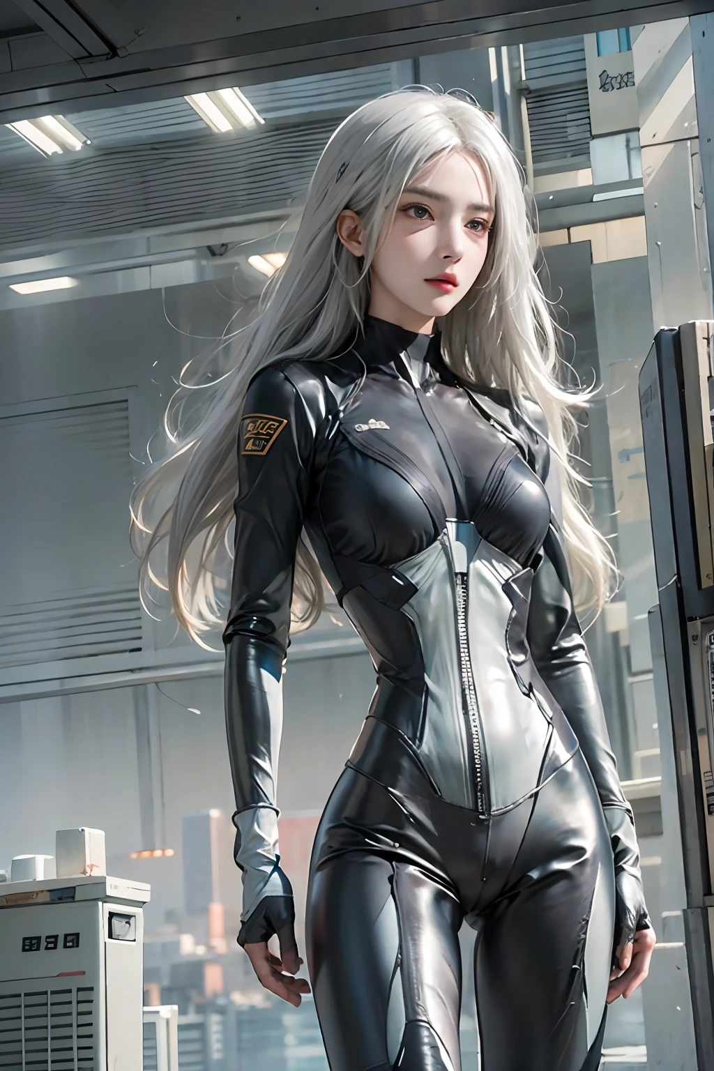 photorealistic, high resolution, 1women, solo, hips up, look at viewer, (detailed face), white hair, long hair, gantz, reika\(bodysuit\), black suit