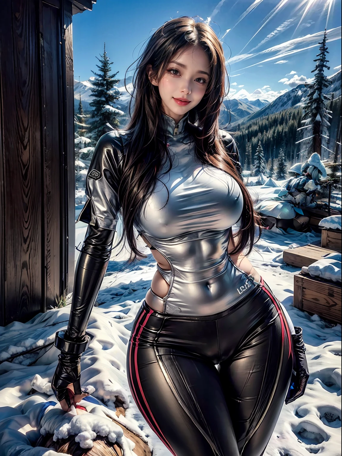 Mujer sexy, (sentada culo parado vista desde atras, poses sexys, pechos enormes, muslos gruesos, caderas anchas, culo enorme, piernas musculosas, sentada, Cintura delgada, photograph of a woman, Ski suit on a mountain, Winter Wonderland, chaqueta hinchada, pantalones spandex, traje de squiz,  Arte de pintura fotorrealista por Midjourney y Greg Rutkowski), Campo de invierno, Mira el visor, sonrisa seductora.