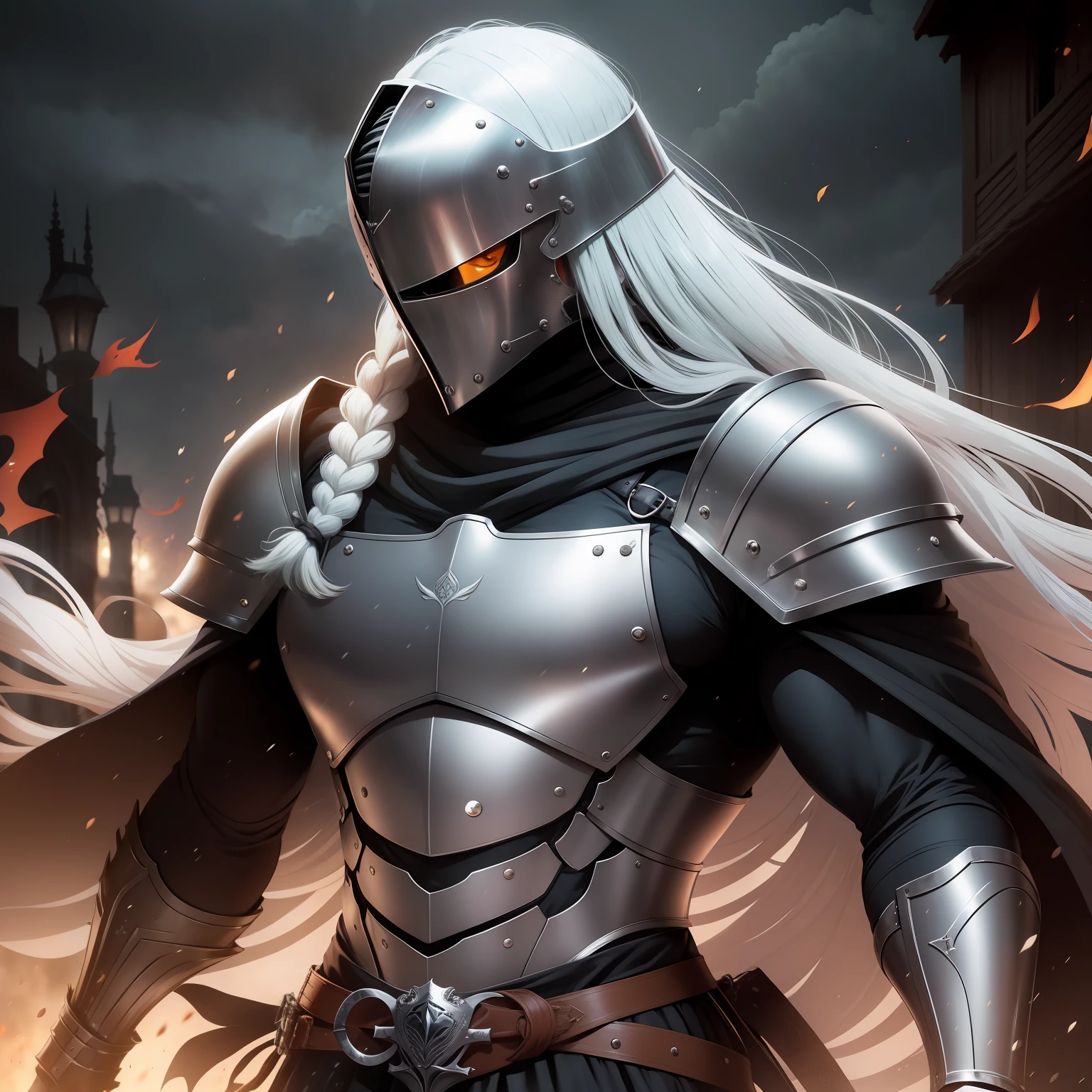 gloomy setting,アニメ,knightgirl, ((masculine)),Dullahan, lost head,souls coming out of your neck, medieval armor, Head with helmet,long sword on your back,1Homen,long hair in a long braid,gray hair,bright purple eyes,ambient light.