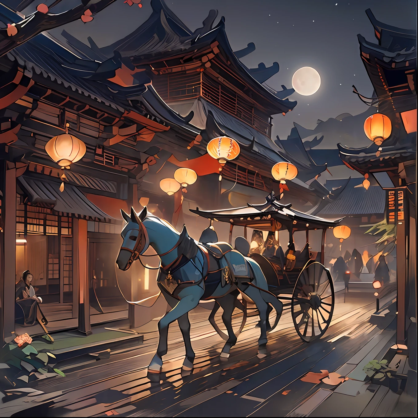 （tmasterpiece，high high quality，offcial art），Ancient China，Old street，（Lots of fireflies），（the night），（themoon），lamplight，lindo cenario，epic landscapes，Luzes Realistas，high detal，globalillumination，unreal engine rendered，Octane rendering，（hdr：1.3），paper lanterns，Kongming Lantern，Ancient Chinese carriage，（Horse-drawn carriages on ancient Chinese streets），（Ancient Chinese women），Hanfu，white  clothes，Single ball head，Black color hair，standing on your feet，Stand by the street