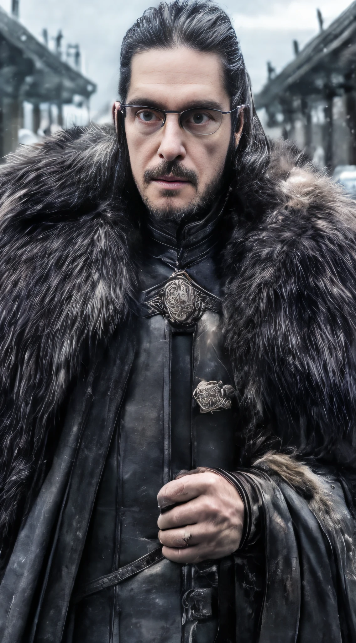 A stunning photograph that captures the essence of Shonn Snow from the Game of Thrones series. La imagen muestra a Shonn Snow, dressed in his iconic black Night's Watch cape, de pie sobre los acantilados nevados del Muro. Con su mirada feroz y su cabello azotado por el viento, Exudes power and determination. Photography combines elements of realism and fantasy, while the snow-covered landscape creates a stunning backdrop for the towering figure of Shonn Snow... Its leather-lined hood and leather gloves suggest a frosty winter atmosphere, mientras que los penetrantes ojos azules reflejan tanto la fuerza como la vulnerabilidad. La imagen captura un momento congelado en el tiempo, simbolizando la batalla en curso por el poder y la supervivencia en el universo de Game of Thrones. The intricate details and masterful use of light and shadow make this photograph a true work of art......, reminiscent of a captivating oil painting that evokes a sense of adventure and intrigue