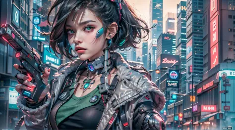 [imagem realista super detalhada], [obra-prima], Uma garota cyberpunk com cabelo rosa curto e espetado, bright green eyes and a ...