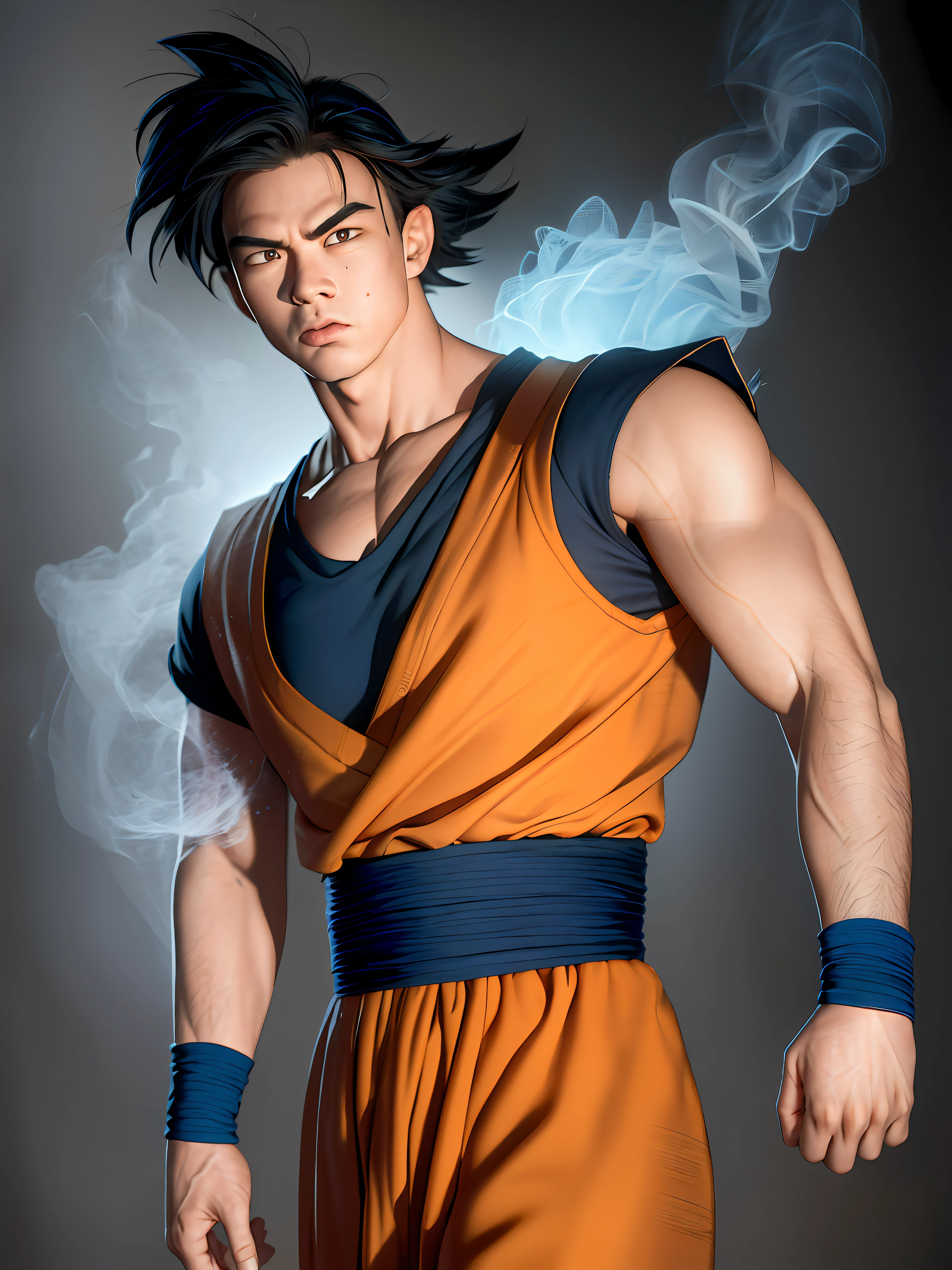 masterpiece, (photorealistic:1.5), best quality, beautiful lighting, real life, son goku, 1boy, asian man, angry, upper body, biceps, black hair, blue sash, blue shirt, blue wristband, closed mouth, collarbone, cowboy shot, dougi, energy, frown, green eyes, looking at viewer, male focus, muscular, muscular male, outstretched arm, sash, scene reference, scratches, shirt, signature, smoke, solo, spiked hair, standing, torn clothes, ultra instinct, v-shaped eyebrows, walking, wristband