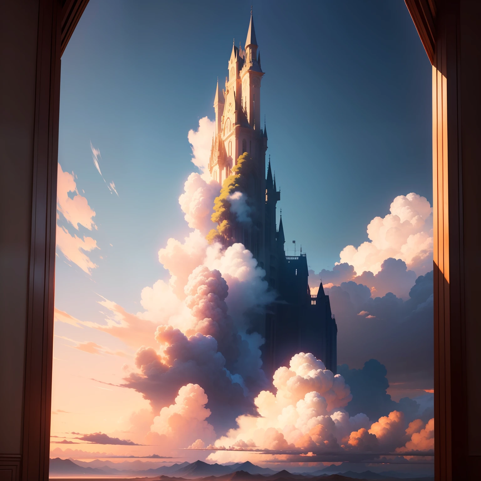 A view of a castle in the sky with clouds coming out of it - SeaArt AI