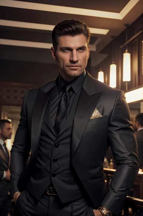 Realistic (muscular man: 1.1) mob boss, with an intricate elegant black suite, portrait, short hair, profiled beard, jewelry, in a nightclub, spot scene lighting, detailed background, intricate details, (illustration), masterpiece, high resolution, best qu...