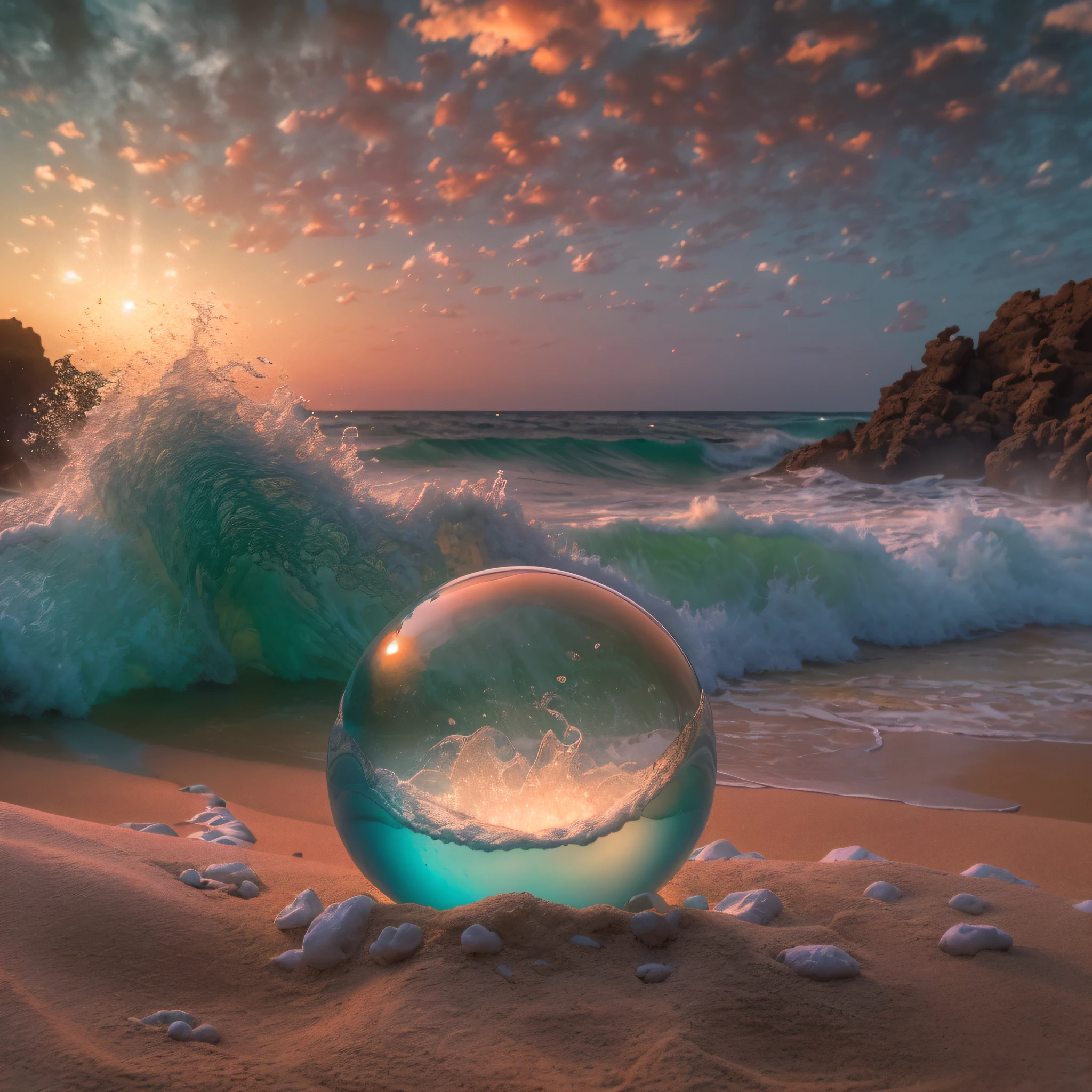 orb with fantasy inside, steam, sunset, flowers, masterpiece, best quality, ultra high res, RAW, Mirleft, splashing rainbows, waves crashing, sand, foam, opalescent, (Photoluminescence water), bioluminescence, clear, Cinematic RAW photo, hyper real photo, ultrarealistic, 8k uhd, dslr, soft lighting, high quality, film grain, Fujifilm XT3, photographed on a Kodak Retina II Sanyo Xacti VPC-CA6, 50mm lens, Wide Angle, HDR, hyper-realistic, colorgraded, volumetric lighting, [volumetric fog, moist], shallow depth of field, reflections, photo, (sparkling), glistening, (iridescent), glimmering, clear, shimmering, mystical, enchanting, glittering, Morocco, exotic, (masterpiece) (best quality) (detailed) (8k) (HDR) (wallpaper) (cinematic lighting) (sharp focus) (intricate), romantic, celestial