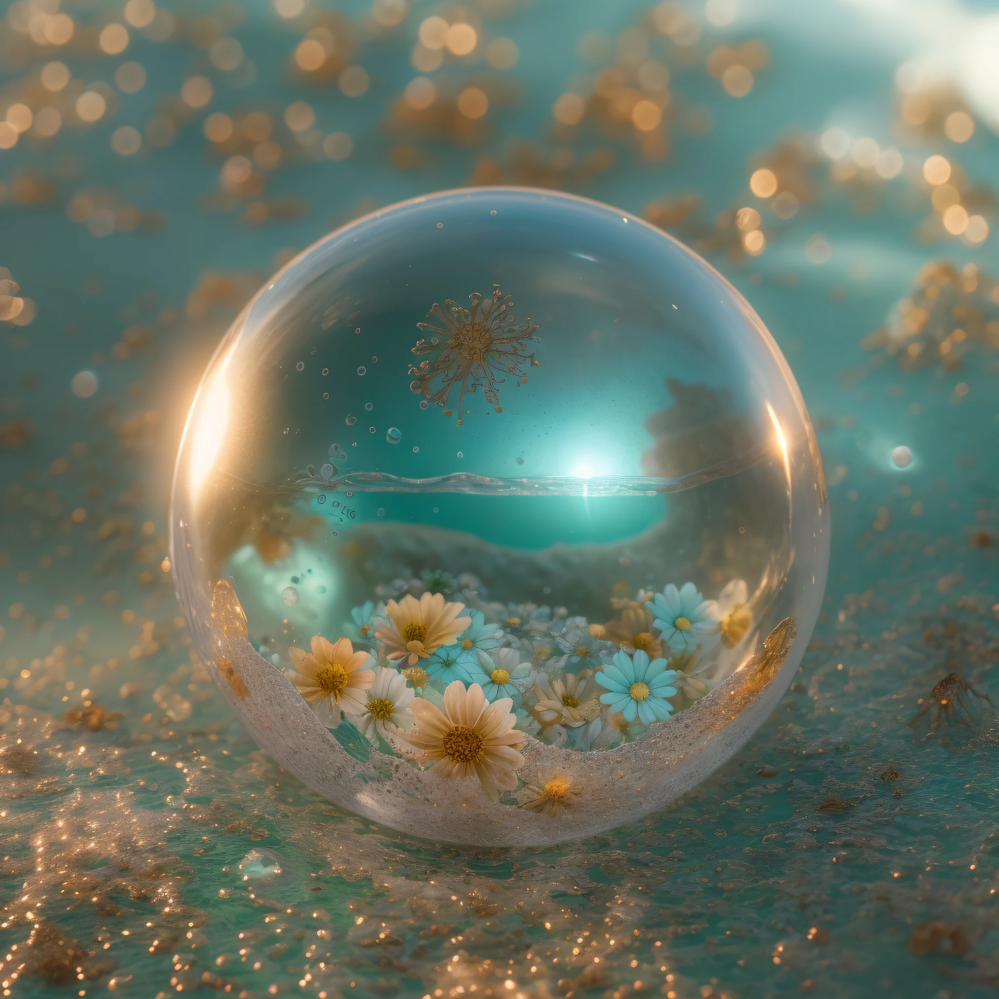 orb with fantasy inside, steam, sunset, flowers, masterpiece, best quality, ultra high res, RAW, Mirleft, splashing rainbows, waves crashing, sand, foam, opalescent, (Photoluminescence water), bioluminescence, clear, Cinematic RAW photo, hyper real photo, ultrarealistic, 8k uhd, dslr, soft lighting, high quality, film grain, Fujifilm XT3, photographed on a Kodak Retina II Sanyo Xacti VPC-CA6, 50mm lens, Wide Angle, HDR, hyper-realistic, colorgraded, volumetric lighting, [volumetric fog, moist], shallow depth of field, reflections, photo, (sparkling), glistening, (iridescent), glimmering, clear, shimmering, mystical, enchanting, glittering, Morocco, exotic, (masterpiece) (best quality) (detailed) (8k) (HDR) (wallpaper) (cinematic lighting) (sharp focus) (intricate), romantic, celestial