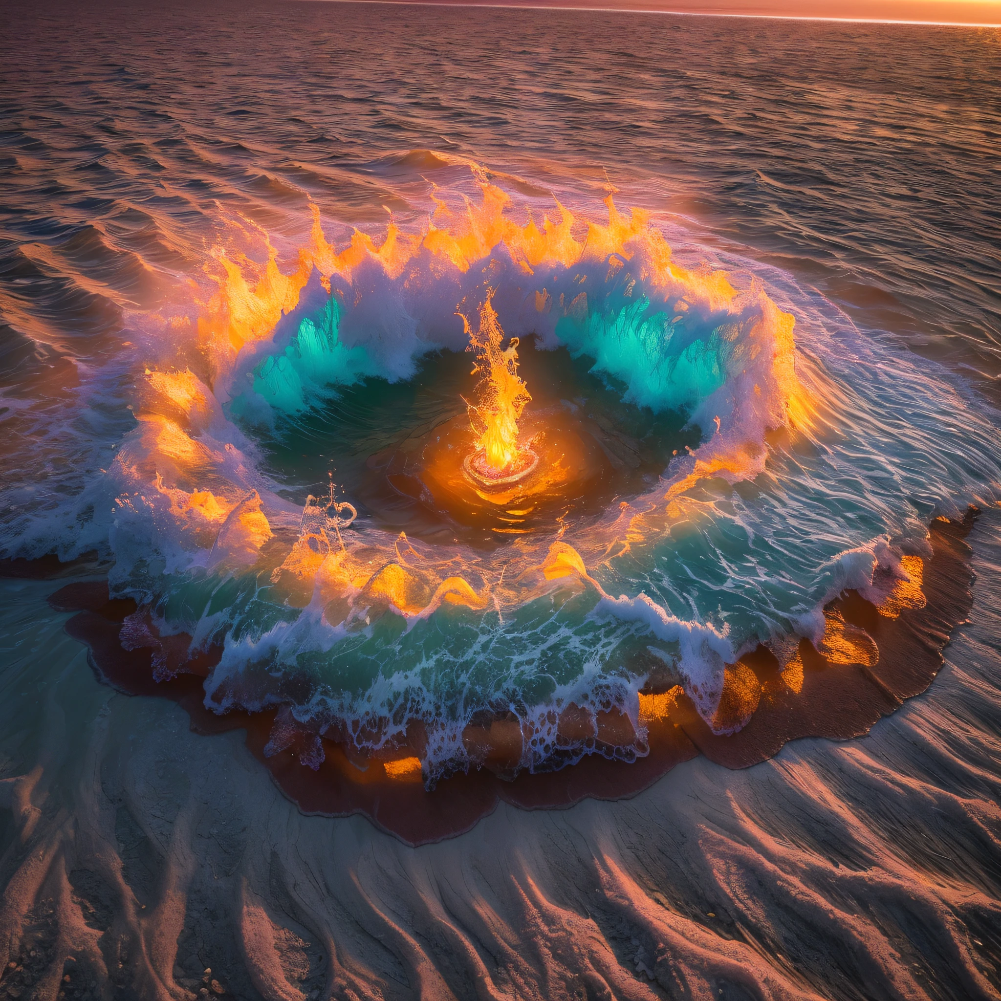 big bonfire on beach, sand, dancing flames, fantasy inside, steam, sunset, hotsprings, masterpiece, best quality, ultra high res, RAW, Mirleft, splashing rainbows, waves crashing, sand, foam, opalescent, (Photoluminescence water), bioluminescence, clear, Cinematic RAW photo, hyper real photo, ultrarealistic, 8k uhd, dslr, soft lighting, high quality, film grain, Fujifilm XT3, photographed on a Kodak Retina II Sanyo Xacti VPC-CA6, 50mm lens, Wide Angle, HDR, hyper-realistic, colorgraded, volumetric lighting, [volumetric fog, moist], shallow depth of field, reflections, photo, (sparkling), glistening, (iridescent), glimmering, clear, shimmering, mystical, enchanting, glittering, Morocco, exotic, (masterpiece) (best quality) (detailed) (8k) (HDR) (wallpaper) (cinematic lighting) (sharp focus) (intricate), romantic, celestial