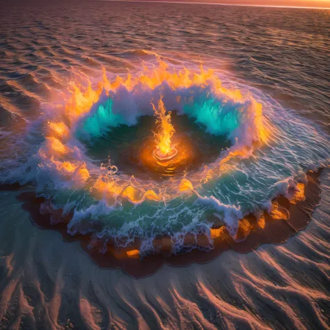 big bonfire on beach, sand, dancing flames, fantasy inside, steam, sunset, hotsprings, masterpiece, best quality, ultra high res...