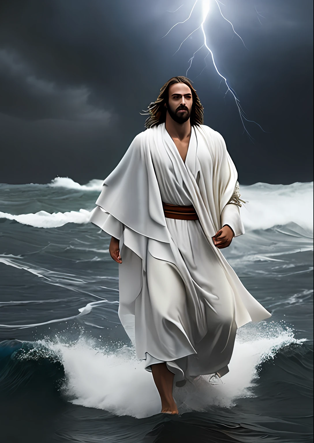 Jesus Christ walking on water in a storm, white robes, waves, soft expression, dark sky with lightning, lightning, photo realism, masterpiece, high quality, high quality, highly detailed CG unit 8k wallpaper, award-winning photos, bokeh, depth of field, HDR, bloom, chromatic aberration, realistic, very detailed, trend in CGsociety, complex, high detail, dramatic, volumetric lighting