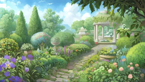 There is a painting of a garden，Inside there are flowers and a gazebo, royal garden background, Garden background, Anime backgro...