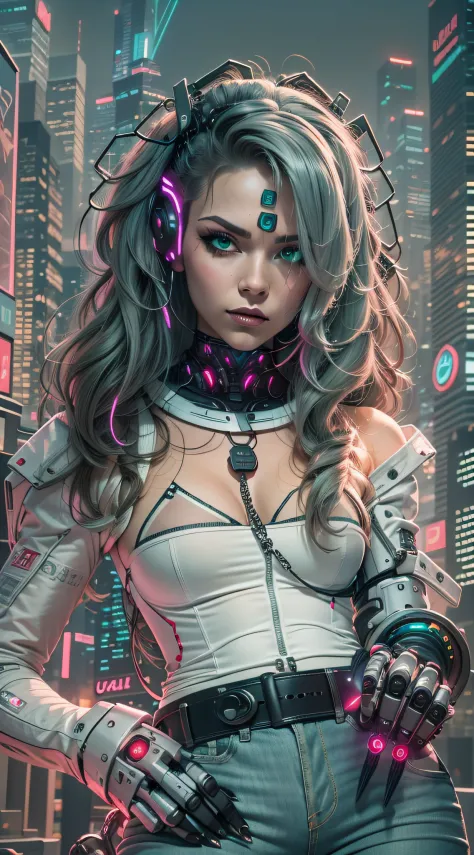 Uma garota cyberpunk com cabelo rosa curto e espetado, bright green eyes and a circuit tattoo on the neck. Ela usa um casaco de ...