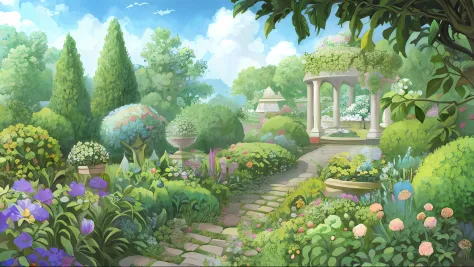 There is a painting of a garden，Inside there are flowers and a gazebo, royal garden background, Garden background, Anime backgro...