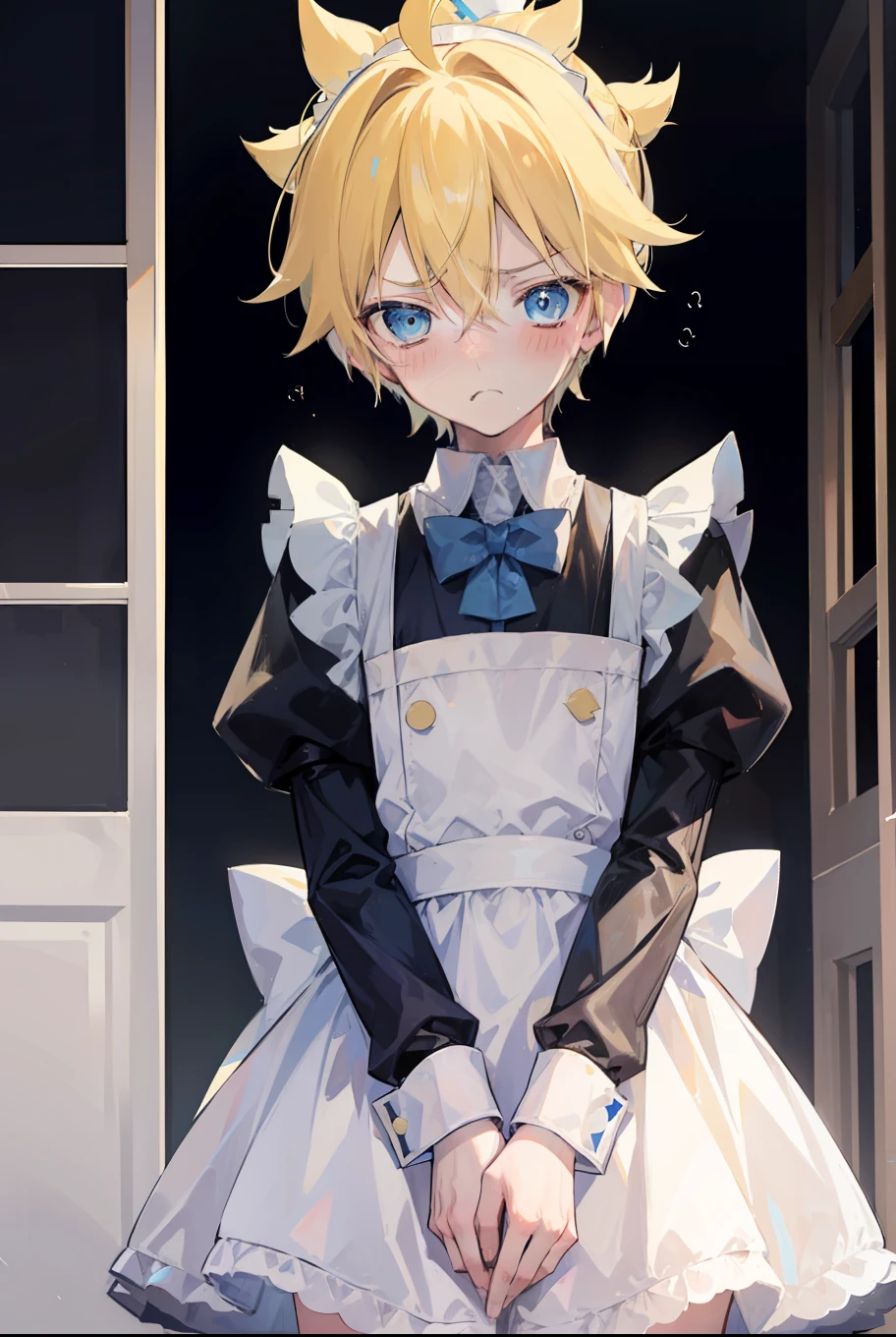 one boy and one man, man is faceless, man is only lower body , (Len_Kagamine), blue eyes, blond hair, pure, innocent, (blush), (maid costume), (cowlick hair), cool, (standing), (frown:1.3), (embarrassed:1.3), (boy focus), sexy