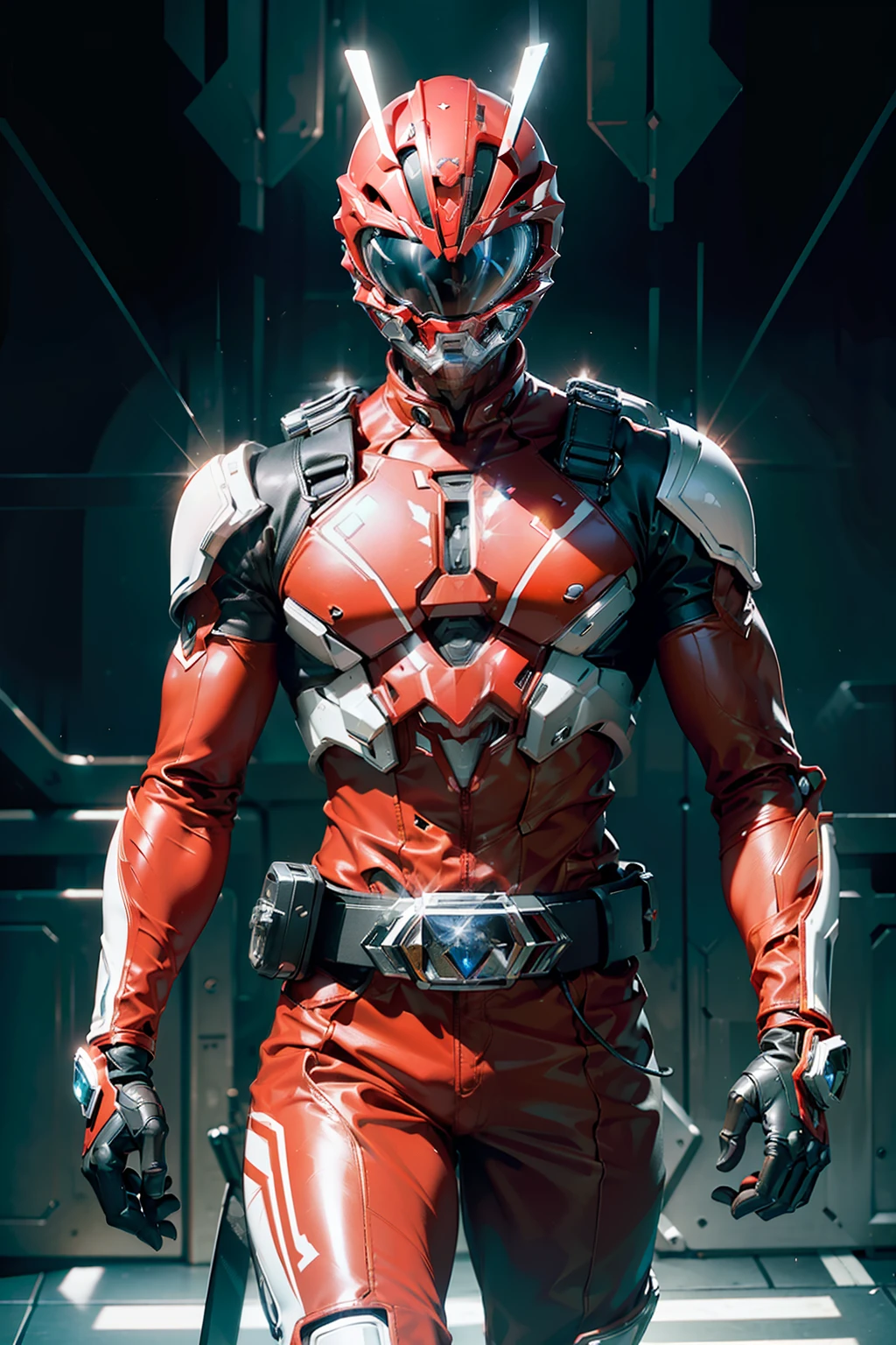 ((power ranger)), One guy、 Red costume, Solo, ((slim figure)), (Anatomically correct), Cowboy Shot, Masked face, (Complex cybersuit of red color), (Intricately designed hero suit), Suits with complex lines, Thin cybersuit with a tight body, long leather gloves up to the white elbows,,,,, Arm cover made of hard material, White Leather Boots, Wearing a full-face helmet, (White belt), (Large metal buckle), (full body suits), (Full face helmet with no exposed face), Crystal embedded in helmet, (Very shiny cybersuit), Cyber suit made of silk, A cybersuit that adheres to the body