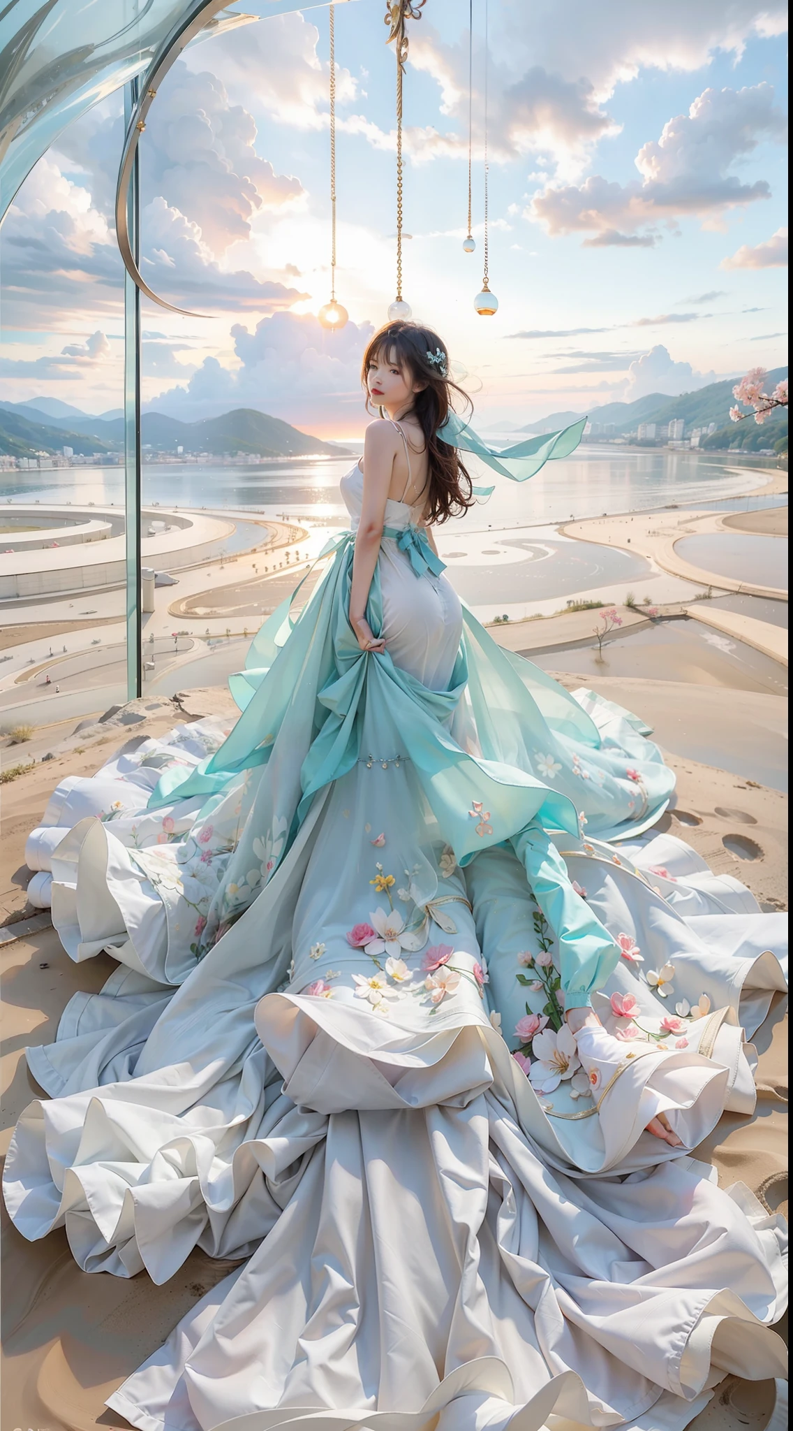 top-quality、​masterpiece、Angle from above、Japan women、18year old、A dark-haired、Lustrous hair、short-cut、Straight hair、Korean Style Beauty、big eye、Double eyes、、all-fours、Reach out to the front、White Ruffled Chiffon Sleeveless Top, White Tulle Maxi Skirt Dress, Mermaid Line, wicker basket bag,Massive landscape, Giant Glass Bottle, hour glass, A Divided World, colorful petals, Blue sky, white clouds, Vast meadow, surreal atmosphere, captivating scene, Delicate flowers, Gentle beauty, Encapsulated nature, Distant horizon, Ethereal Atmosphere, seductive sight, Grit, Time lapse, intricate designs, Transparent container, Suspended reality, Complex mechanism, tranquil surroundings, Timelapse, suspended animation, Contrasting areas, Seductive colors, Swirling sand, Seamless migration, Captivating display
, masutepiece