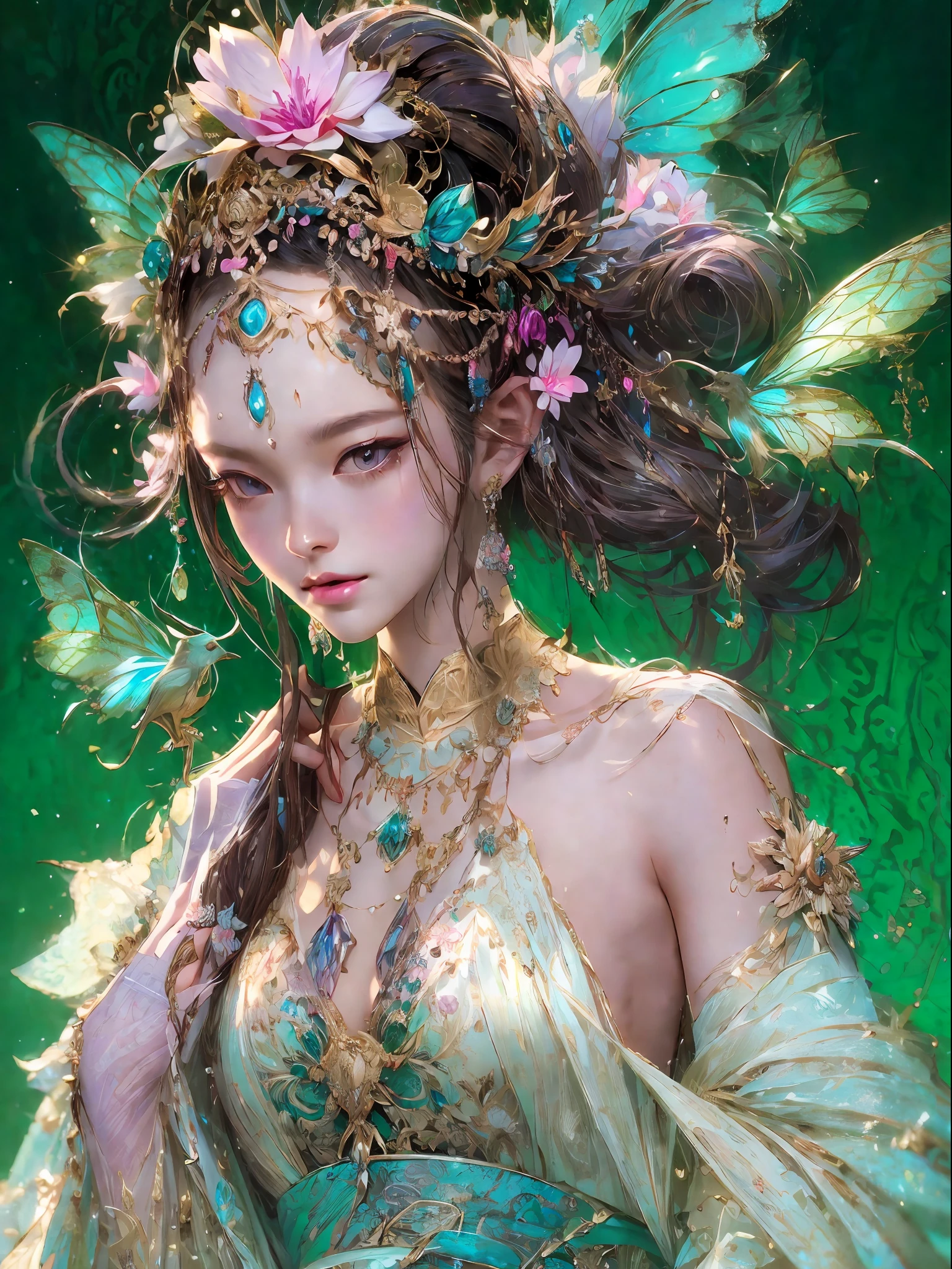 HighestQuali，tmasterpiece：1.2，Detailed details，4K，fairy woman with 4 size chest, with hairstyles and flowers, in the style of influenced by ancient chinese art, subtle realism, he jiaying, dark white and dark aquamarine, Elaborate costumes, Beautiful, with golden brown, purpleish color, dimpled chest, multilayered realism