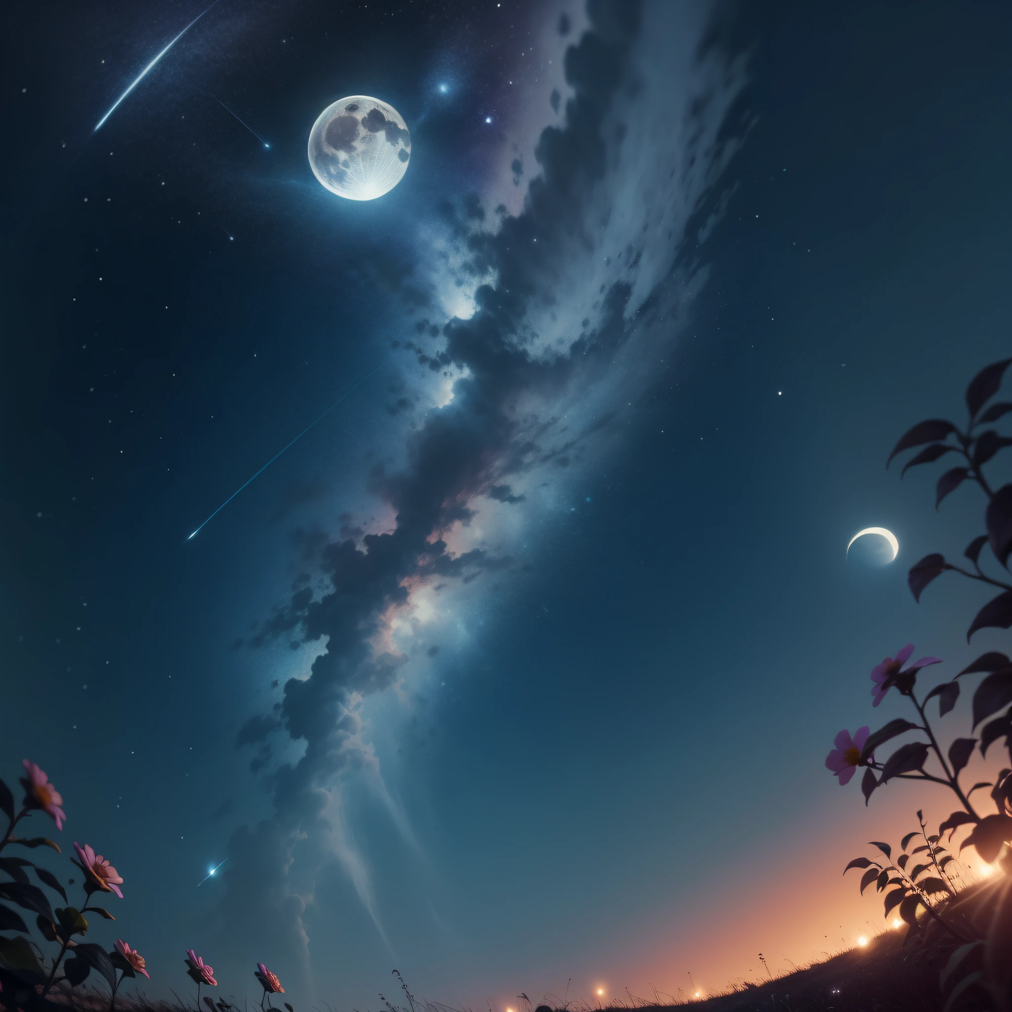 nuit de pleine lune, Le ciel est clair, les étoiles filantes tombent, Les fleurs se balancent, La Lune brille et scintille