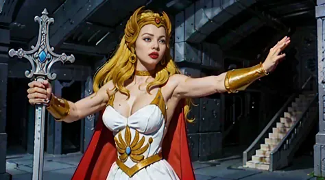 8k, high quality, unreal engine, ultra hd, hyper realistic, hyper detailed, raw photo of a 1girl, (solo:1.3),
1girl, solo, She-ra, long hair, blonde hair, blue eyes, tiara, white dress, choker, red cape, makeup, lipstick, 
breasts, medium breasts, bracer, ...