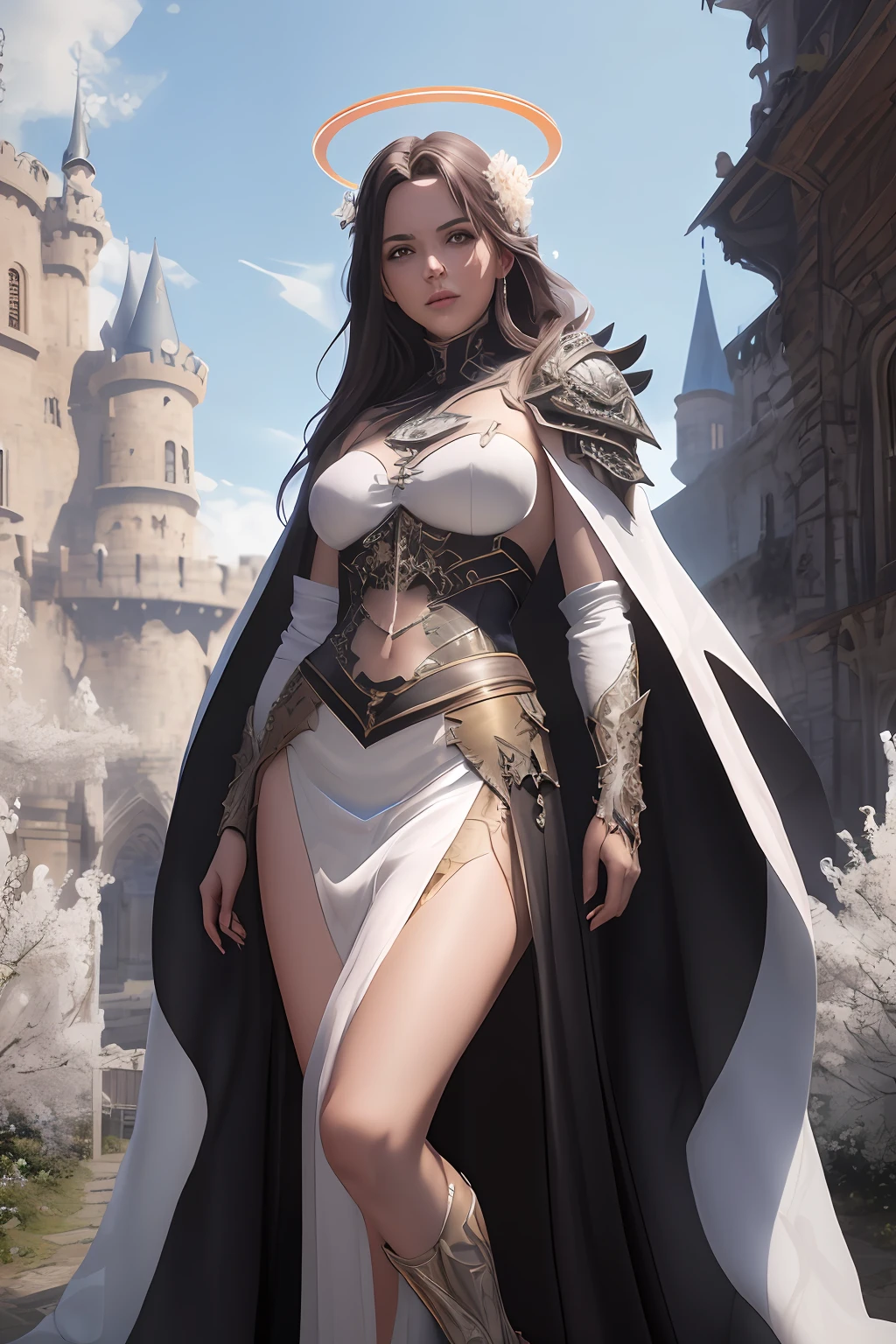 full body:1.6, walking pose, slow motion, (rogue thief:1.2) woman, multi-layered stitched,(white silk cloak), (intricately patterned cloth:1.2), (insanely detailed, flowering:1.5), (top quality, Alessandro Casagrande,
Greg Rutkowski, Sally Mann, concept art, 4k), (analog:1.2), (high sharpness), (detailed pupils:1.1), (painting:1.1), (digital painting:1.1), detailed face, eyes and body, masterpiece, best quality, (highly detailed photo:1.1), 8k, photorealistic, (long curvy hair, ecstasy:1.1), (young woman:1.1), by jeremy mann, by sandra chevrier, by maciej kuciara, sharp, (perfect body:1.1), realistic, real shadow, 3d, (europe castle background:1.2), (by Michelangelo), angel of death, innocent,  eyes, diadem, angel wings, black clothes, full body, arms behind back, sky, halo, post-apocalypse, detailed armor