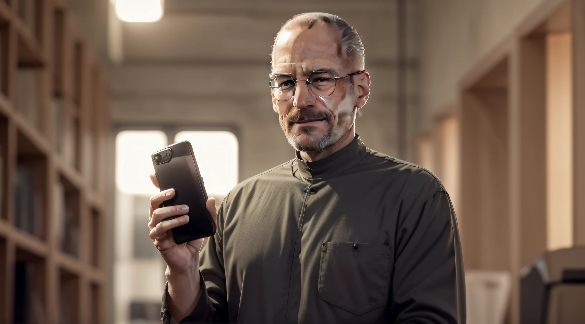 Steven Poul Jobs holding a cell phone in his hand, glasses, beard, Apple, Apple Phone, iPhone, Apple Cell Phone, confident smile, Pirador,