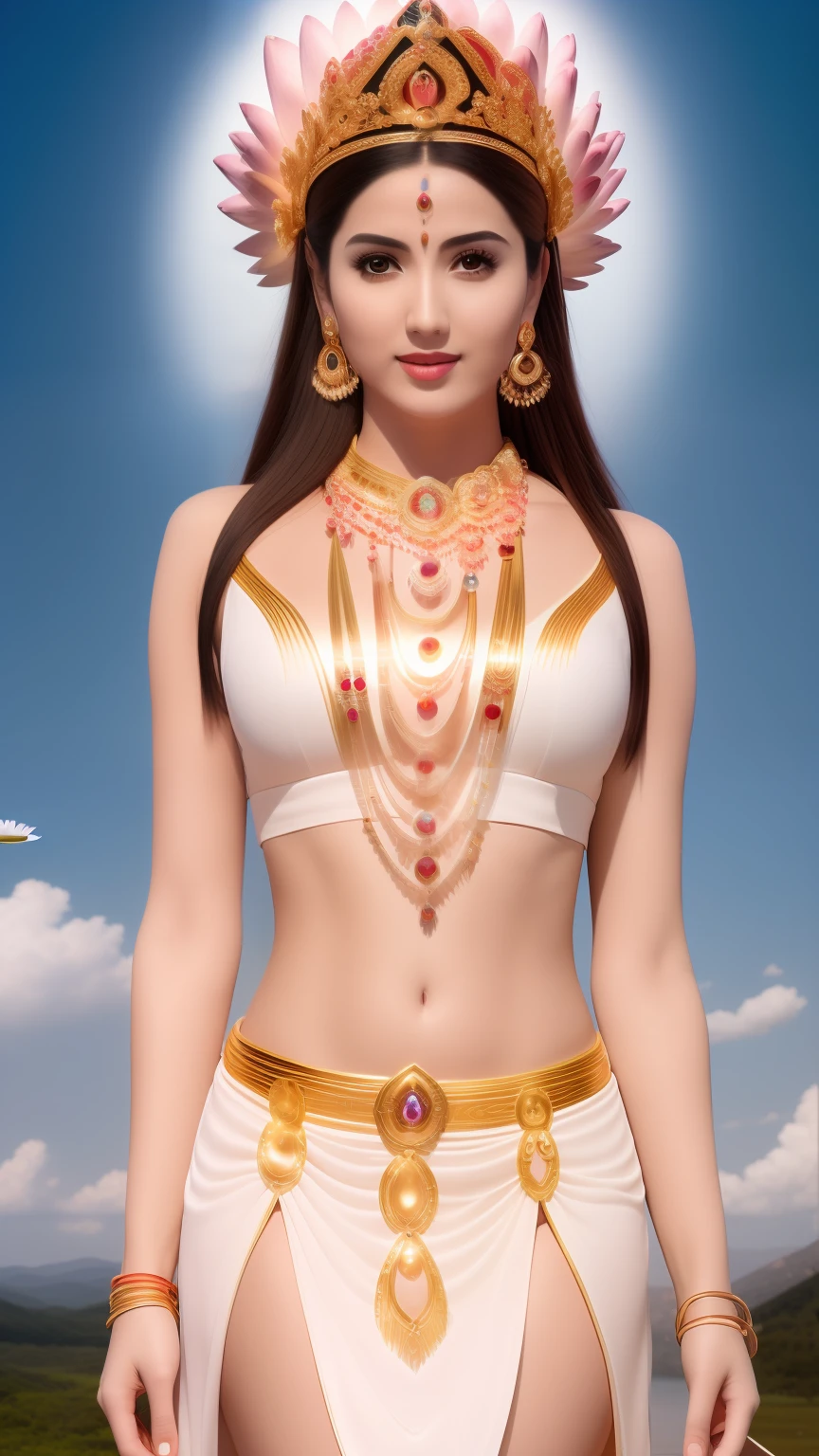 There is a beautiful goddess standing on a large lotus flower in the void，Perfect body posture，Long curved eyebrows，Beautiful eyes sparkle，The large, Jewel-like eyes sparkle，Clear pupils have reflected light，二重まぶた，（（Plump and rosy lips））Nipples clearly visible，（（Flushed cheeks）），The mandible is plump，Fair skin is delicate and smooth，Delicate skin translucent，A delicate and dexterous crown，inlaid gemstones，Exquisite and ingenious，inlaid gemstones，Sitting on a light red lotus in the air，look straight at the camera，（（Pinch the stem of the lotus flower with one hand）），(((nice hand)))，（（（（Good feet））），（（（good legs））），realisticlying，white skinned，（（Correct body structure）），White clothing，decorated in white，baiyun，Blue sky，Head background with round light，Behind him is a colorful rainbow circle，Color glow is turned on，Front lighting，Positive light，No shadows on the face，There are no shadows on the body，Blue sky，Unreal space，ethereal world，dreamworld，with blue sky and white clouds，tmasterpiece，4K，ultra-definition，professional photoshooting，Perspective looks up，Standard lens shooting，