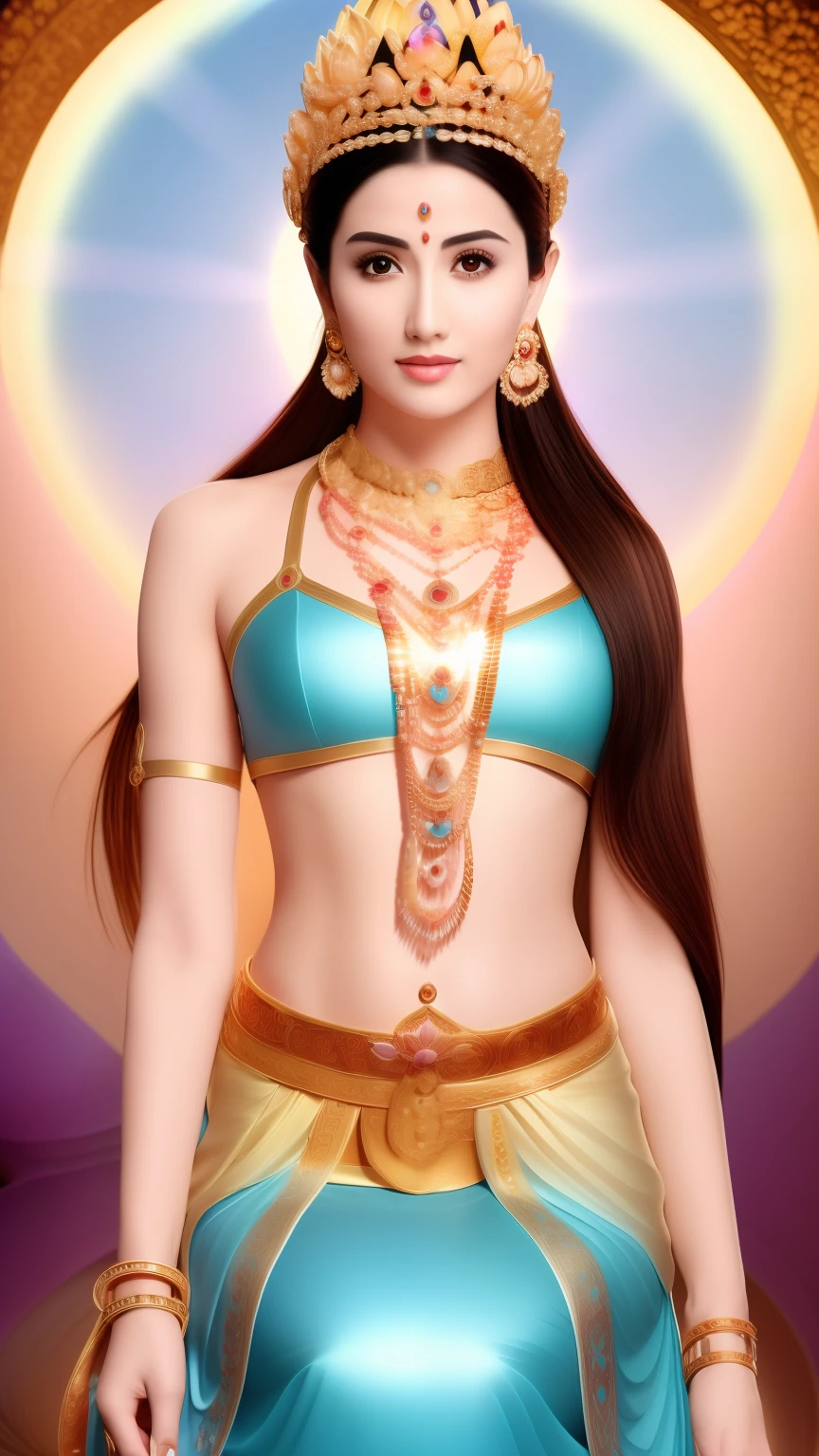 There is a beautiful goddess standing on a large lotus flower in the void，Perfect body posture，Long curved eyebrows，Beautiful eyes sparkle，The large, Jewel-like eyes sparkle，Clear pupils have reflected light，二重まぶた，（（Plump and rosy lips））Nipples clearly visible，（（Flushed cheeks）），The mandible is plump，Fair skin is delicate and smooth，Delicate skin translucent，A delicate and dexterous crown，inlaid gemstones，Exquisite and ingenious，inlaid gemstones，Sitting on a light red lotus in the air，look straight at the camera，（（Pinch the stem of the lotus flower with one hand）），(((nice hand)))，（（（（Good feet））），（（（good legs））），realisticlying，white skinned，（（Correct body structure）），White clothing，decorated in white，baiyun，Blue sky，Head background with round light，Behind him is a colorful rainbow circle，Color glow is turned on，Front lighting，Positive light，No shadows on the face，There are no shadows on the body，Blue sky，Unreal space，ethereal world，dreamworld，with blue sky and white clouds，tmasterpiece，4K，ultra-definition，professional photoshooting，Perspective looks up，Standard lens shooting，